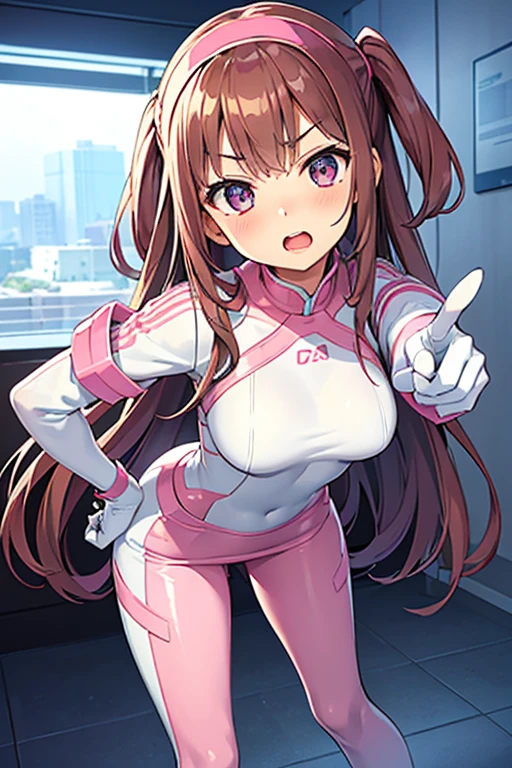 (leaning forward, 1 girl, looking at viewer, from front, facing straight at viewer, glaring, index finger pointing, hand on hips, pink and light blue and white clothes, futuristic space suit, inside punishment room), focus face and finger, shiny slim fit simple suit, shiny slim fit pencil skirt, white gloves, high neck clothes, hide the neck, drooping eyes, head tilt, masterpiece, best quality, an extremely cute girl, brown hair, open mouth, pink hair band