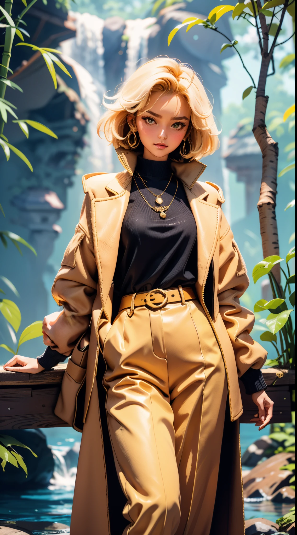 A girl, short golden hair styled in an upward fashion, a tuft of hair bangs, a melancholic expression, sharp gaze, a playful smile, a two-piece fantasy-style Chinese outfit, a complexly layered white undershirt, a loose-knit outer coat, a yellow silk belt, coarse cloth trousers, the backdrop showcases a wooden house set in a bamboo forest, creating a refreshing and dreamy atmosphere, this character embodies a finely crafted fantasy-style wise in anime style, characterized by an exquisite and mature manga illustration art style, high definition, best quality, highres, ultra-detailed, ultra-fine painting, extremely delicate, professional, anatomically correct, symmetrical face, extremely detailed eyes and face, high quality eyes, creativity, RAW photo, UHD, 8k, Natural light, cinematic lighting, masterpiece-anatomy-perfect, masterpiece:1.5
