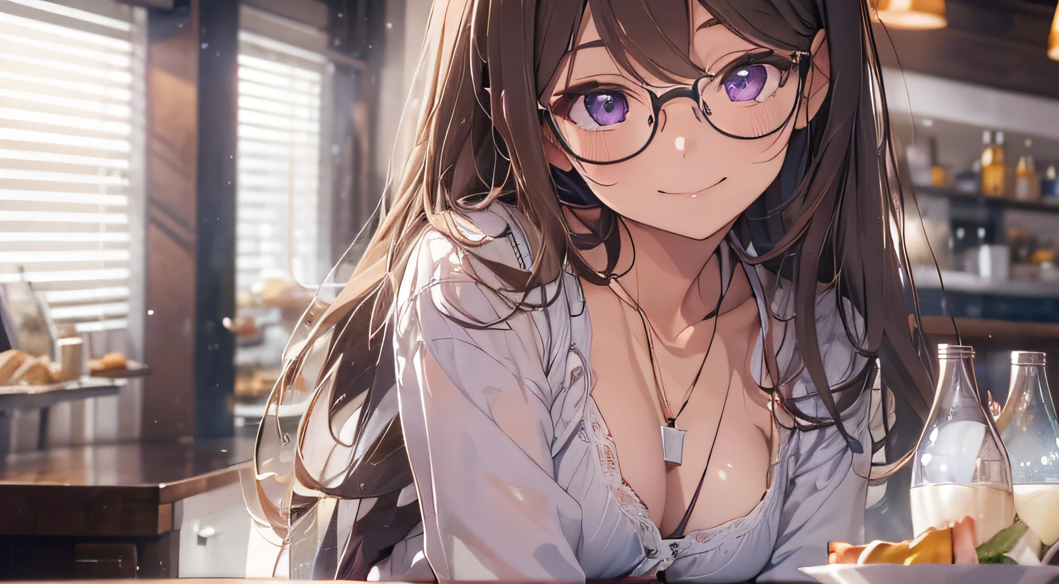 masterpiece、top-quality、(brown colored long hair、I have bangs:1.1)、25 year old woman with purple eyes、wears glasses、wearing a white shirt without a collar、sitting on、(flat breast:1.1)、(Smiling expression:1.3)、(Staring:1.5)、(Close-up of the subject's face:1.3)、having a dinner、Place the camera above the subject、The background is a luxury restaurant at night.、Bold composition、Upper body is shown、Alone、