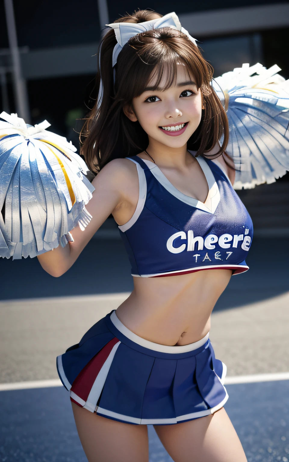 (RAW shooting:1.2)、(Photorealsitic:1.4)、(masterpiece:1.3)、(top-quality:1.4)、japanese beautiful woman、beautiful eyes finely detailed、Eye lashes、beautiful double eyelid、eyeshadows、Perfect eye makeup、独奏、cute little、(kawaii:1.2)、(Smile full of happiness:1.4)、kindly smile、Expression in a state of excitement、(a short bob:1.2)、fluffy hair、(Angle from below:1.3)、(FULL BODYSHOT)、More skin、(large full breasts:1.3)、beauty breast、(cleavage of the breast)、(erectile nipple:1.2)、(cheer girl:1.5)、(a miniskirt)、Beautiful and thin legs、(Perfect body shape beauty:1.3)、shinny skin、(Lively poses like cheerleading:1.5)、(2 large bonbons:1.3)、Jumping、Make eye contact with the camera、stadio、Night、Sexy navel、Skinny Legs、tthin eyebrows、(extemely sexy:1.3)、bokeh dof、obscenity、erotick、