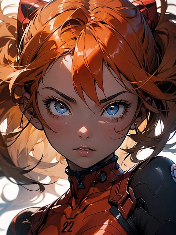 Asuka Langley Soryu,ojos azules,pelo entre los ojos,Cabezal,Auriculares de interfaz,cabello naranja,Traje de batalla,action pose,Recubrimiento grueso,album cover art,Storytelling images
