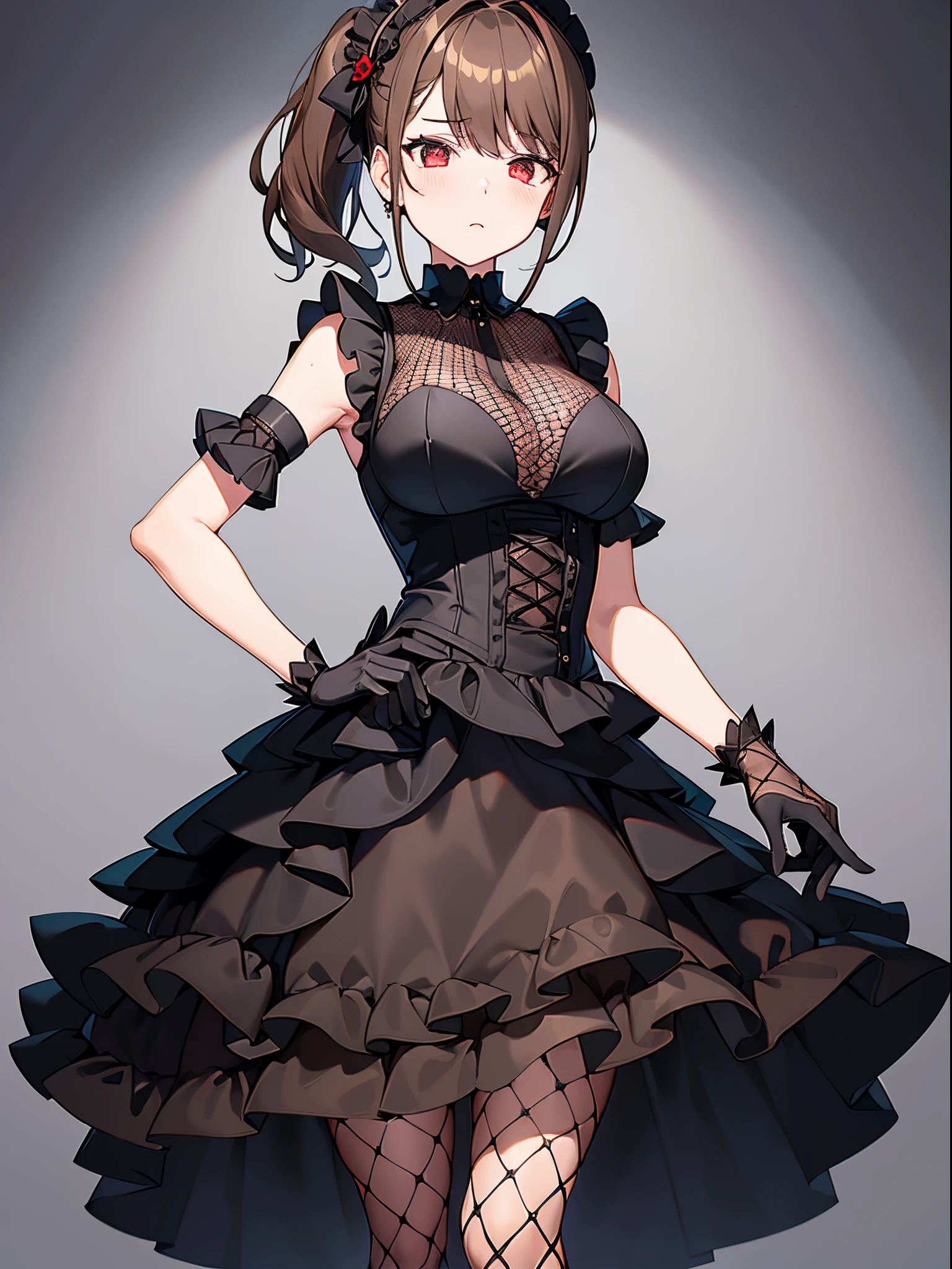 1girl, medium breasts, dress, sleeveless dress, mesh dress, side ponytail, short hair, black dress, layered dress, ((light brown hair)), red eyes, fishnet gloves, fishnet sleeves, gothic ta, mature female, pantyhose, layered dress, maid, see-through,solo, hand on hip