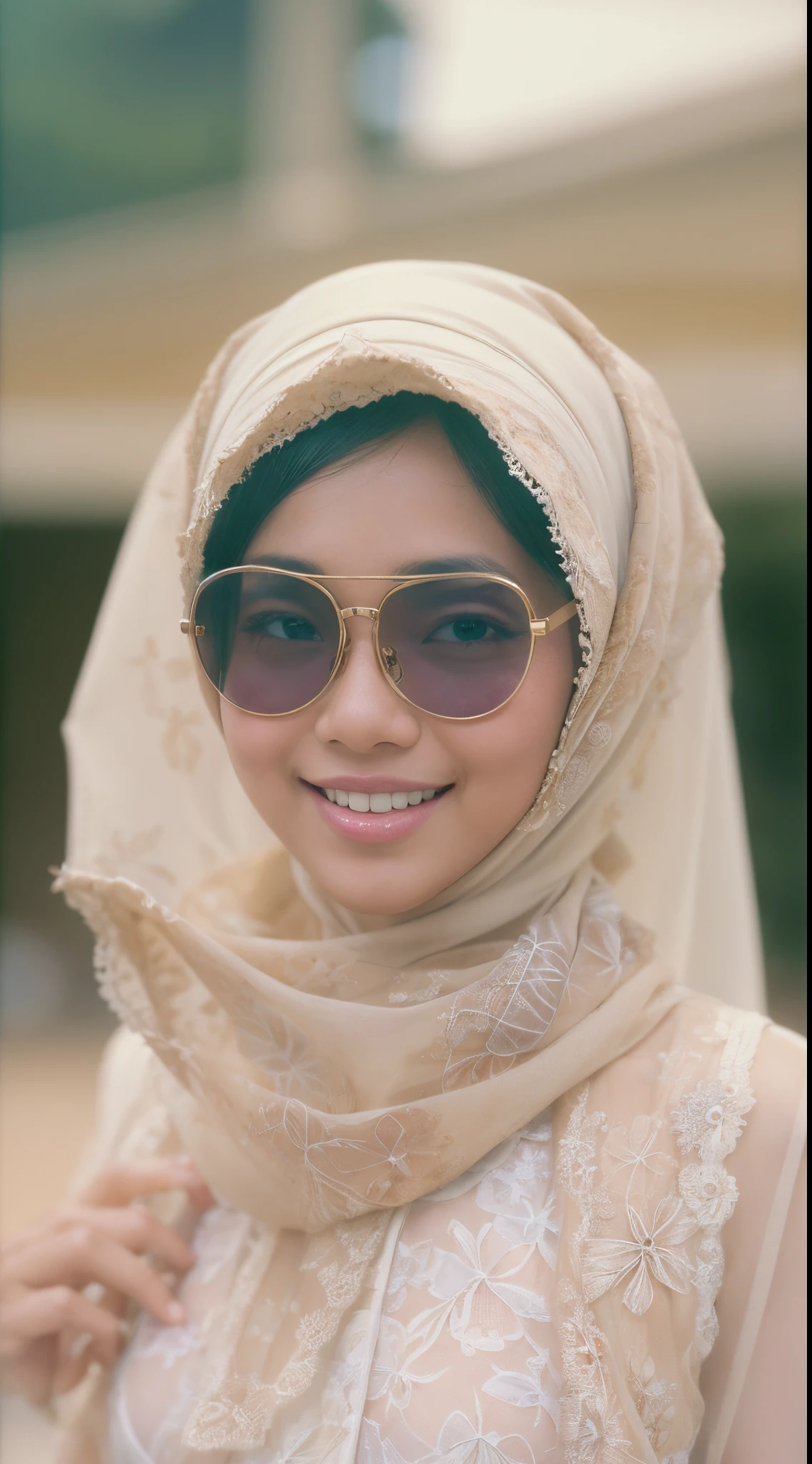 (masterpiece, best quality:1.2), cowboy shot, solo, 1 malay girl, smile, looking at viewer, hand on hip,pastel color hijab, eyewear on head, white floral lace bra and panties, style raw, pastel color grading, Super 8mm lense, Extreme close-up, Deep Focus cinematography effect