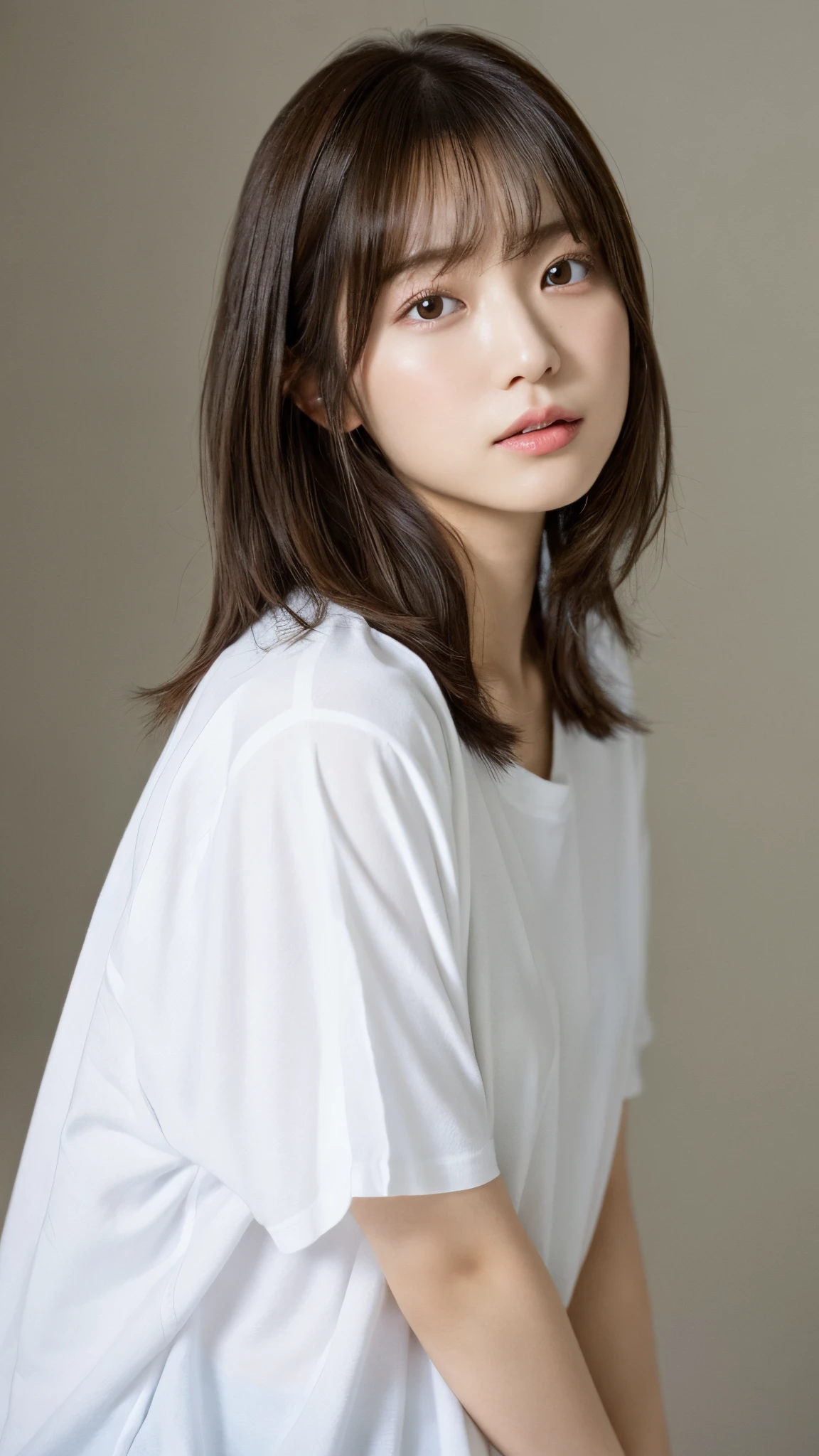 (top-quality、16K resolution)女の子1人、独奏、natural soft light、small tits、A Japanese Lady、Looking at the camera、white t-shirts、Concrete background、Facing the front、is standing、bobhair、Woman in her late teens、Light bangs、short-hair、Salon model、Natural look、portlate、floated hair、Rolled hair