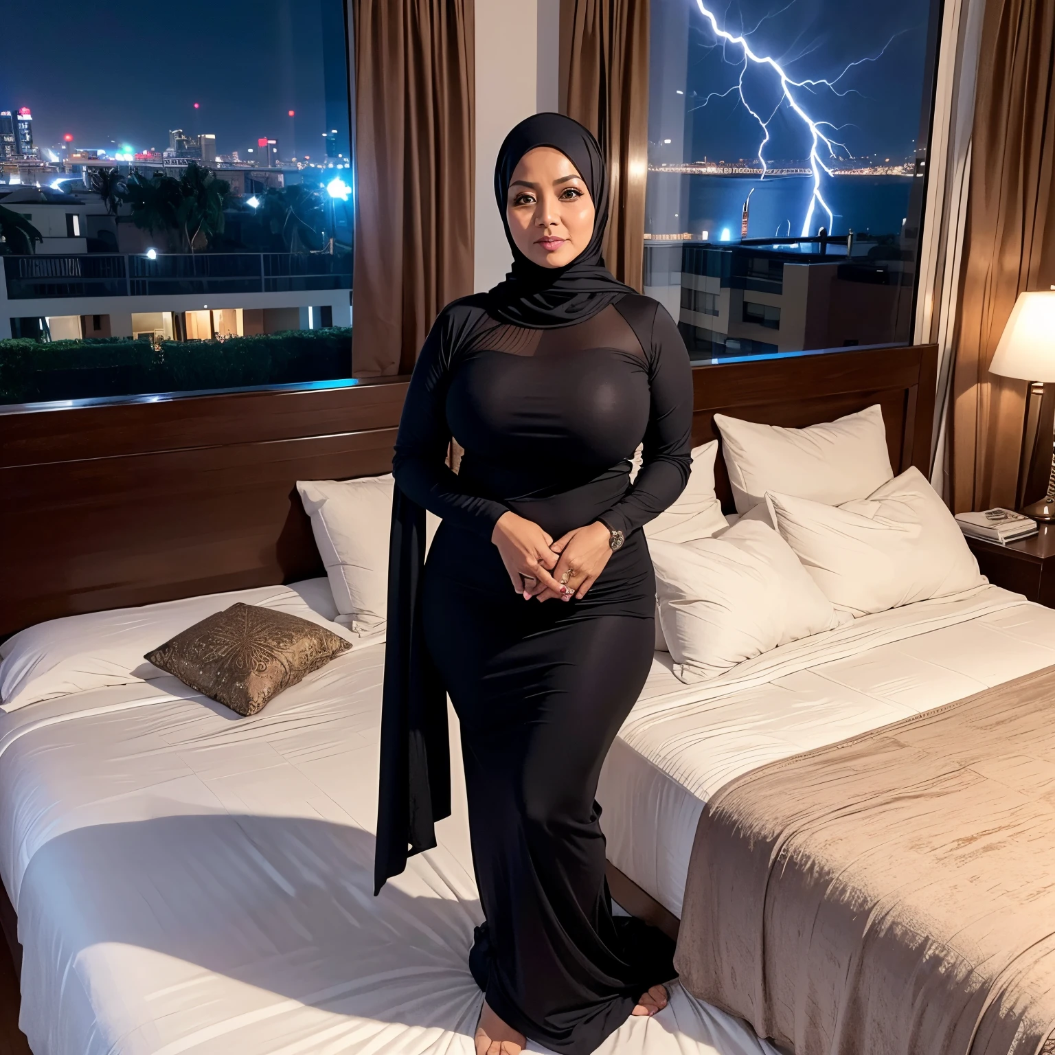 56 years Old, (Hijab Indonesian mature woman), Saggy Large Mature Tits : 96.9, Burqa, Tight Burqa, Perfect , Breast about To burst out, at Apartment balcony, Dark light, at Night Time