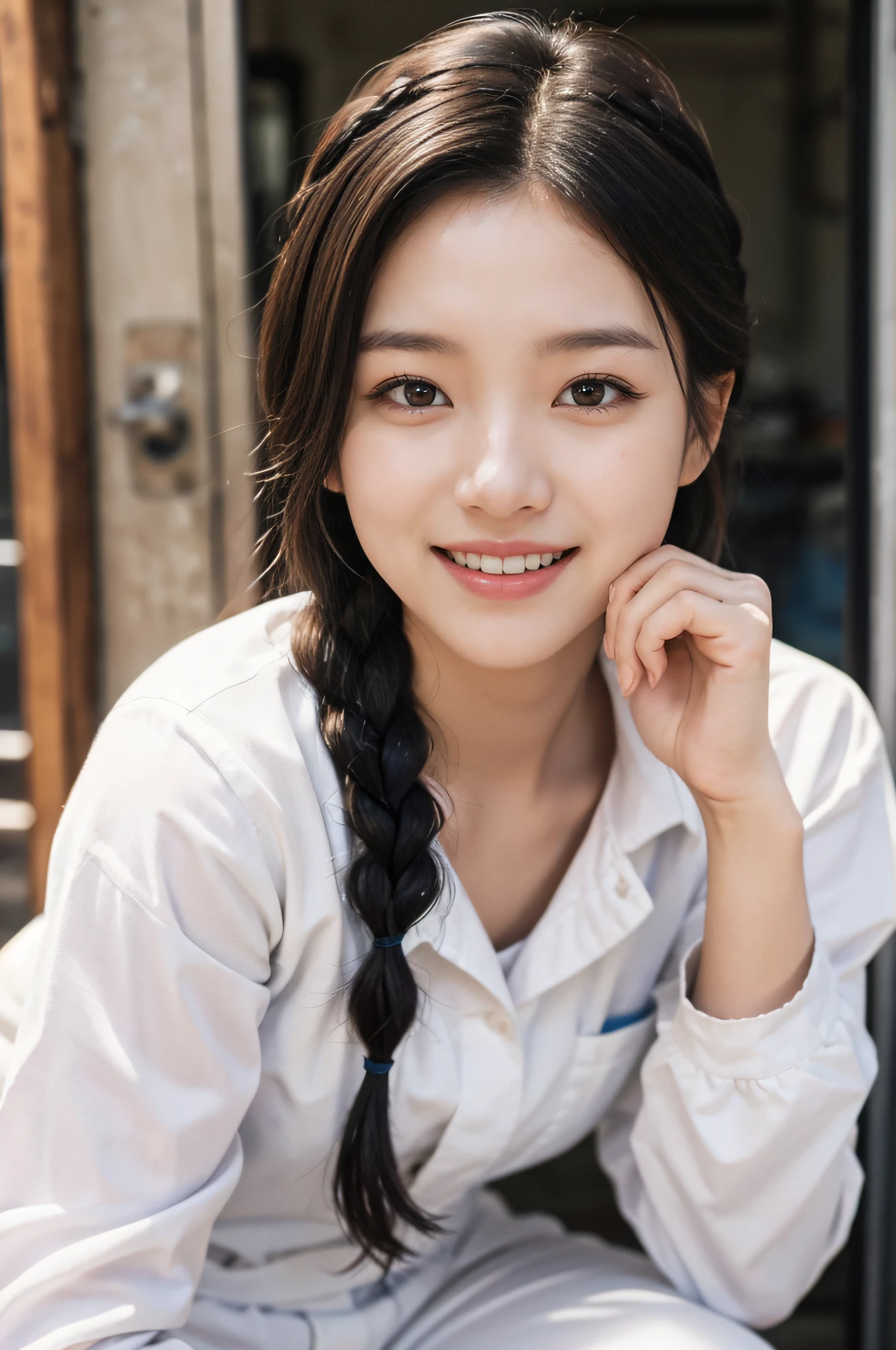 Top image quality、超A high resolution、masutepiece、Photoquality(photographrealistic:1.8)、pores、accuracy、realistic skin textures、(Fine hands)、(Skinny Legs)、Japan women、17 age、Point your body at the camera、Frontal、Black-haired、I have my hair in braids、braid one's hair 、Girl with a cute smile、Slender girl、tiny chest、Wear white work coveralls、The front opening is a button、Roll up your long sleeves、long trousers、tits out、I opened my chest、The chest is visible、Wearing work gloves、mechanic、Holding an impact wrench in your hand、Soot on the face、Tire change、Shine a light into the eyes、open open mouth、laughing out loud、
