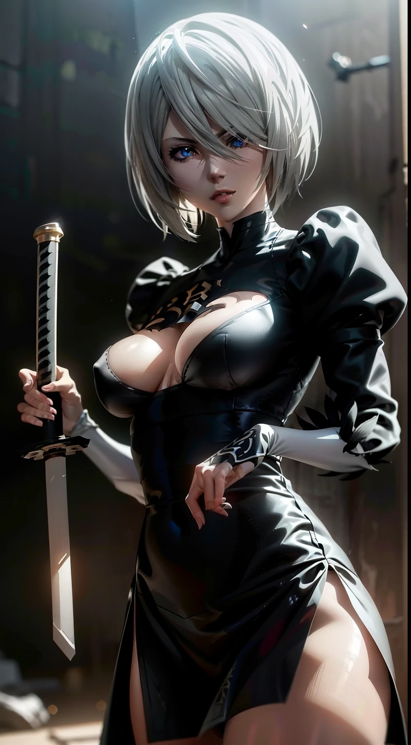 Detalhes realistas, Holding a Japanese sword in hand.........., Black Short Skirt, the anime, (Based on nier automata) Very detailed hands, very detailed fingers, the perfect body, The Perfect Girl, perfect details, Ultra HD |, 8K, Professional photo, Anime Style 2B, Extremely detailed (Very beautiful blue eyes), destroyed slums, Standing in a fighting stance, fighting posture, green gas, mist, Arcane style, the night, explosions, The Flash, Arcane style, extremely detailed CG unity 8k wallpaper, detailed light, Cinematic lighting, chromatic aberration, glittering, expressionless, extremely detailed CG unity 8k wallpaper, detailed light, Jinx's character design, epic composition, dark in the background, Very detailed, Detailed body, Detailed Face, sharp-focus, sharp-focus, Very drooping face, 詳細な目, super fine illustration, better shadow, finely detail, Beautiful detailed glow, Beautiful detailed, Extremely detailed, expressionless, epic composition, Unreal EngineСтиль графики Copy, Presented at artstation, Octane Render, cgsociety, artstation hd, Cinematic, CGsociety 4 K, hypermaximalist, ele\(League of Legends\)