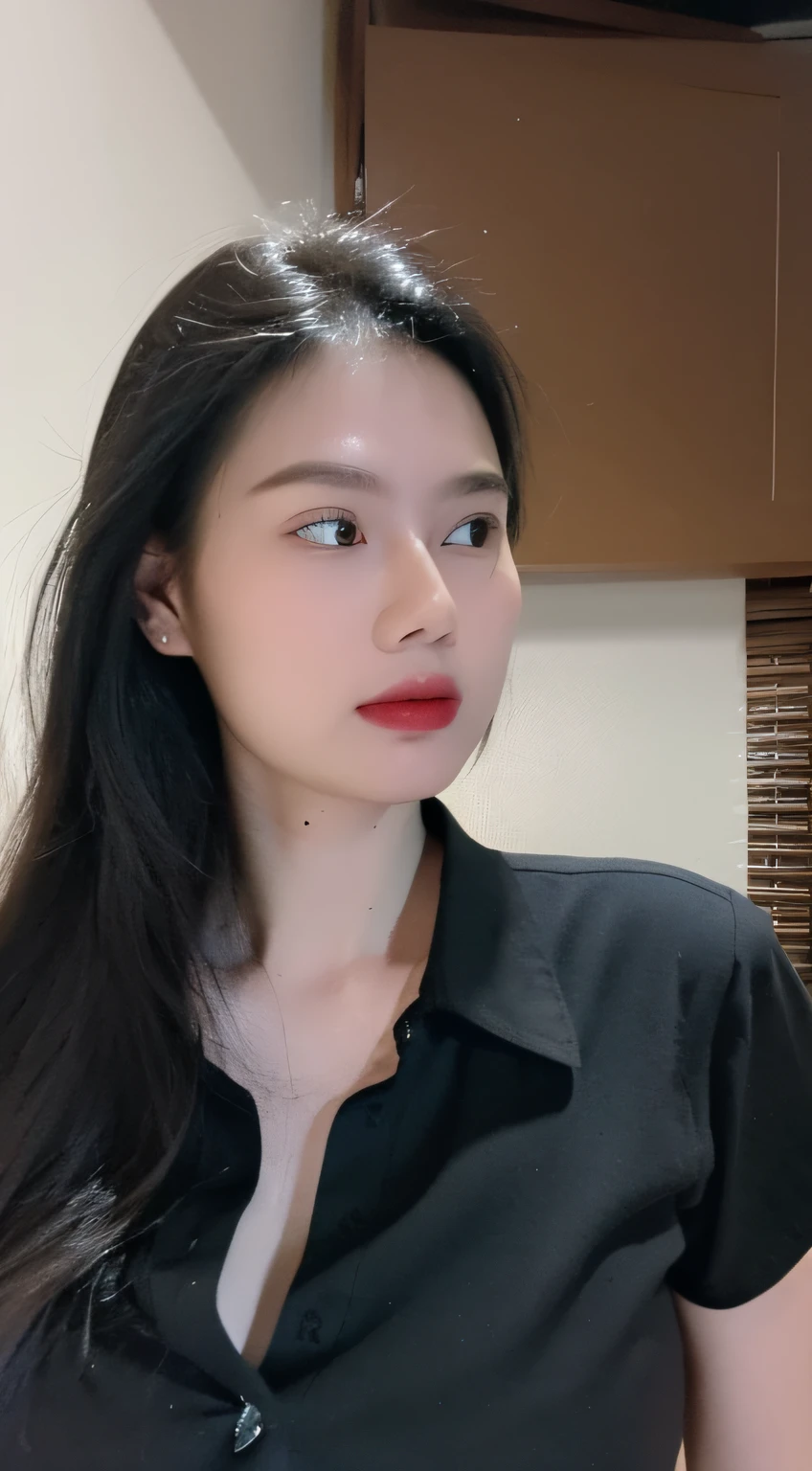 ((Top quality, 8k, Masterpiece: 1.3)), beauty, hidden face, 1 girl, beauty: 1.3, slender abs: 1.1, (large men's black shirt loose: 1.4) exposed, full chest, long black hair, ultra-detailed face, highly detailed lips, detailed eyes, double eyelids, strict head and body ratio: 1.5,