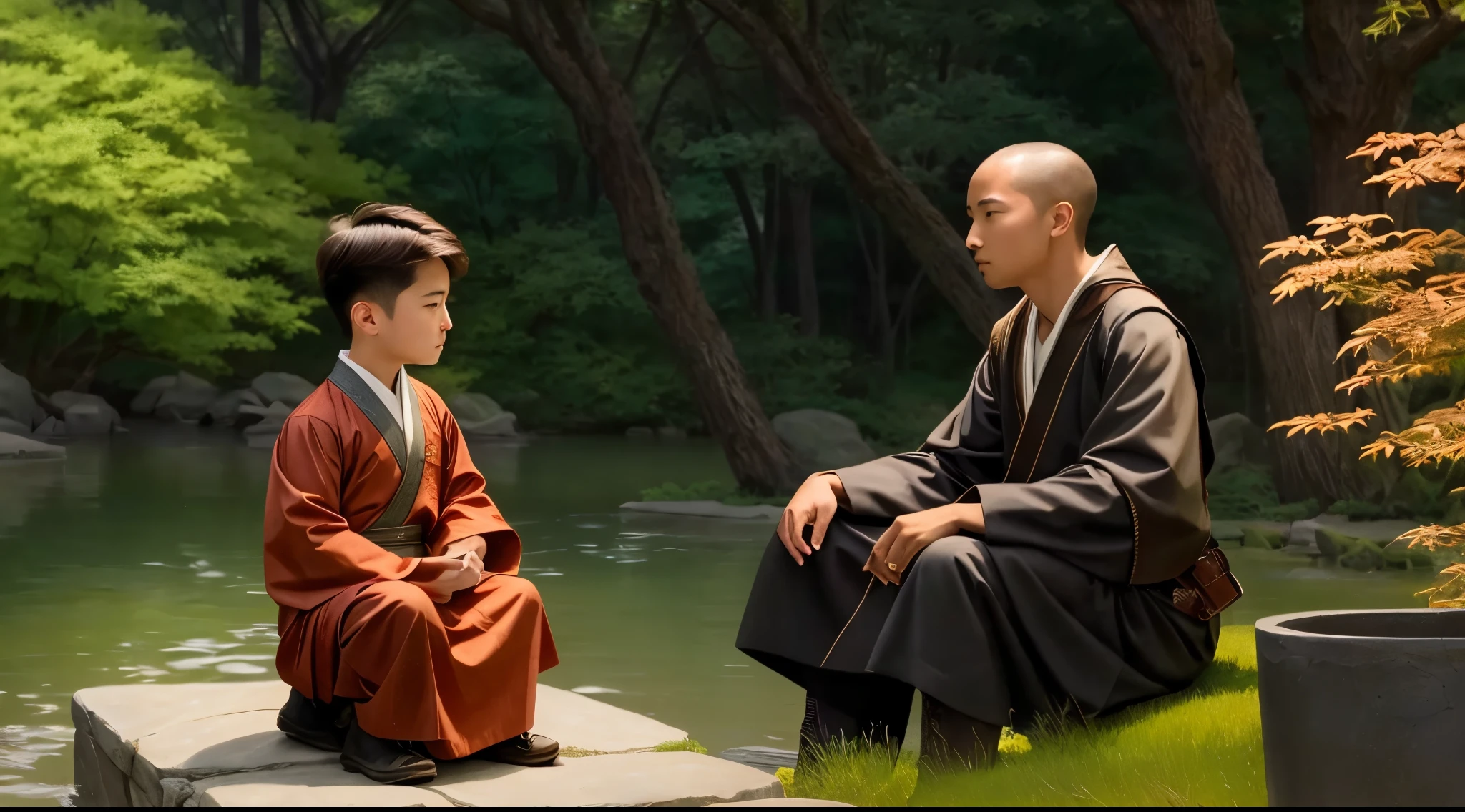 buddhist old monk sitting on a stone step talking to a young boy, still from a live action movie, scene from live action movie, realistic image, 16k resolution