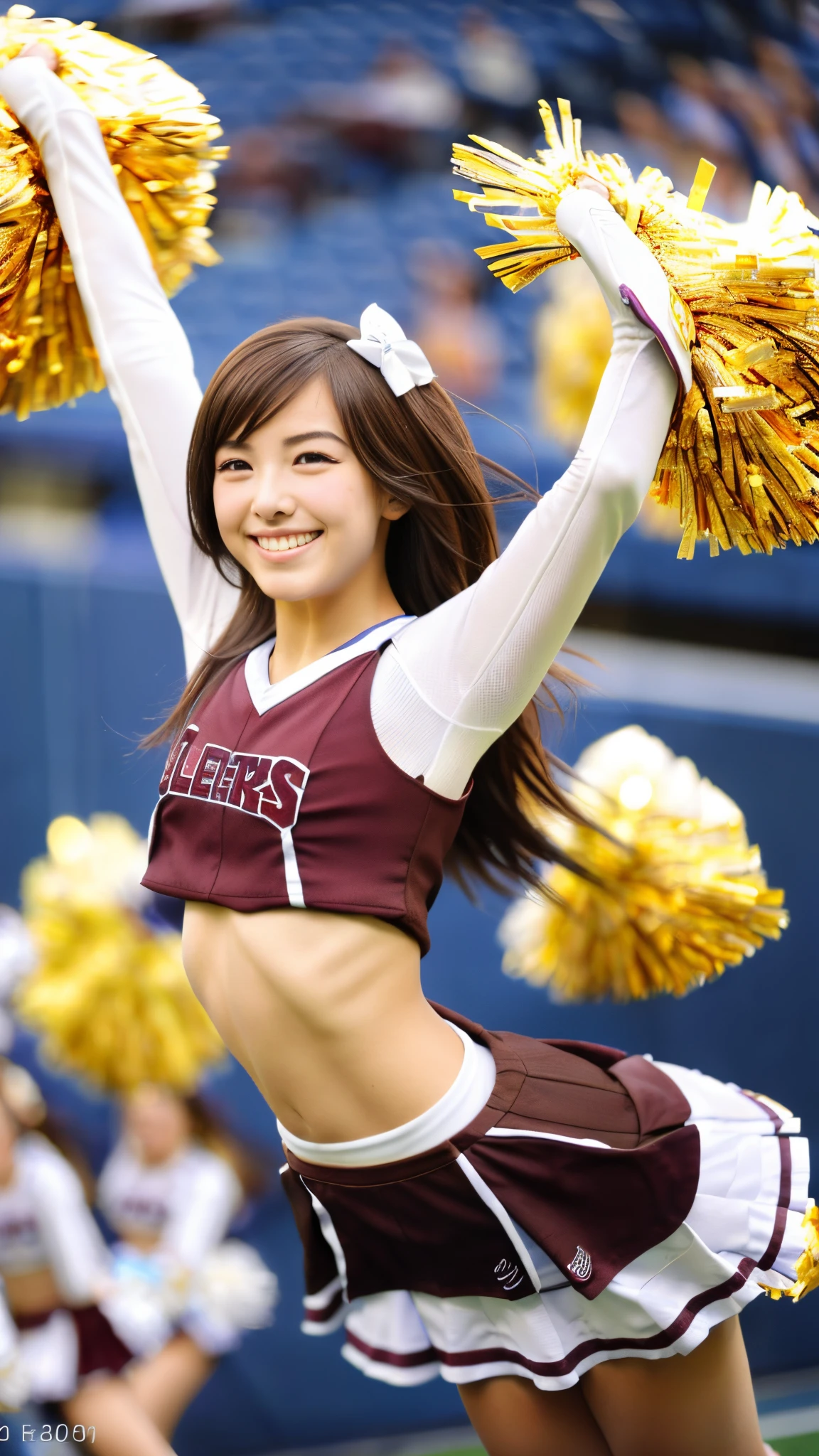 8K raw photos、Beautuful Women:2.0、24 years of age、jpn、Cute Baby Turtle、nedium breasts、((cheer girl:1.5))、A miniskirt、Beautiful eyes finely detailed、eyeslashes、((Brown eyes:1.2))、beautiful double eyelid、eye shadows、Perfect eye makeup、((A smile:1.6))、beautiful and thin legs、(Maroon hair)、Medium hair、Fluffy hair、stadio、Daytime、latina、Photorealsitic:1.9、Sexy navel、Skinny legs、tthin eyebrows、tear bag、lofty nose、((Highly sexy))