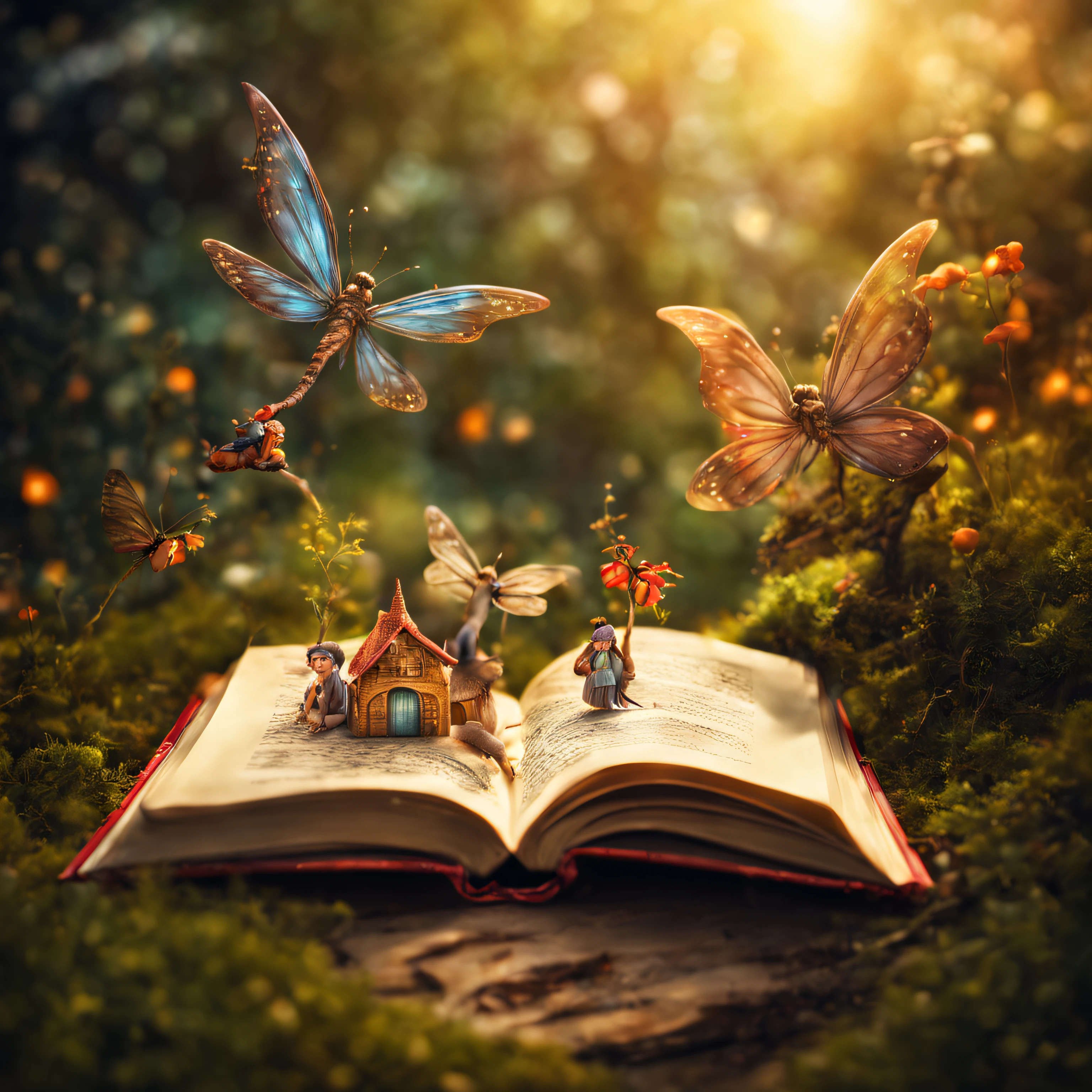 Photo of the magical world in an open book, bringing together a small fairyland with fairies and an open book, an open book lies on the table, inside an open book there is a fairyland with fairies with their own details, High depth of field, Hi-Def, Extremely realistic, Extremely detailed, cinematic treatment, HDR, Photorealistic, tmasterpiece