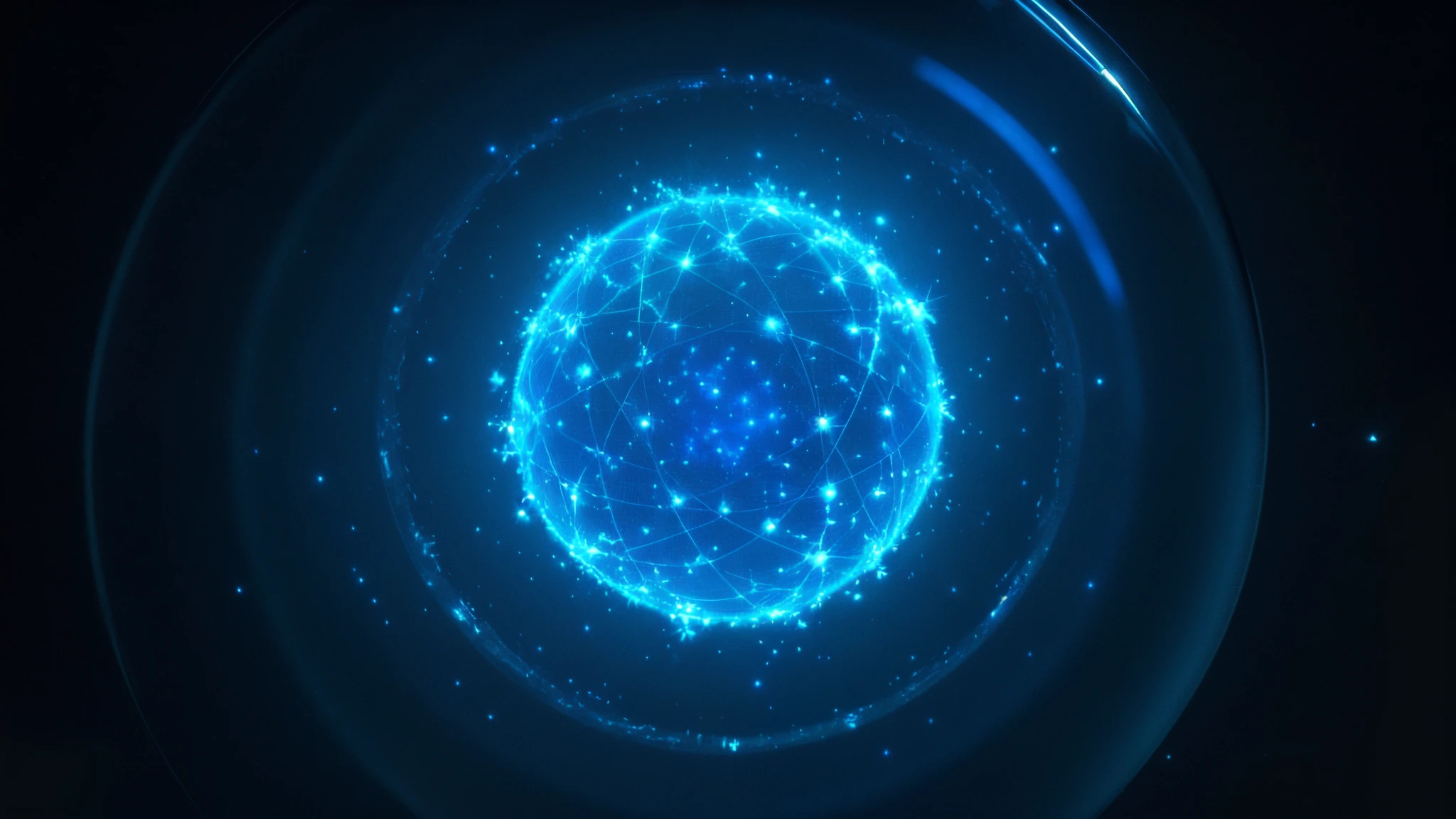 screen principal:Glass bowl with blue light Alpha Deffer image.
materpiece:Hologram rendering.
extra detail:Blue round hologram with glowing spheres, energy sphere, cherenkov radiation, Blue particles, Realistic textured magnetosphere, particle sim, holographic krypton ion, Visual effects particle simulation, particle filled corona, Luminous Particle, Glow energy effect, floating particle effect, Ethereal Holographic Center, chemical reaction that emits blue light, vortex of energy particles, Three-dimensional particle field, Luminous Plasma Effect.
Picture quality:(Best quality at best,4K,8K,A high resolution,tmasterpiece:1.2),ultra - detailed,(actual,realisticlying,Photorealistic:1.37), HighDynamicRange, hyper HD, Studio lighting, Ultra-fine painting, Focus sharp, physically-based renderingt, Extremely detailed description, professional, vivd colour, bokeh.
art-style:Abstractionism, number art.
shades:dark blue tint, Black and white tones.
lamplight:Soft and diffuse lighting,