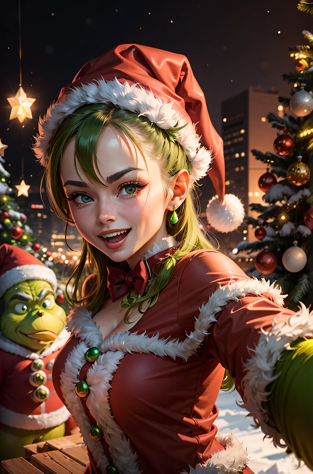 selfie, (((Grinch and 1woman))), Christmas tree, gift boxes