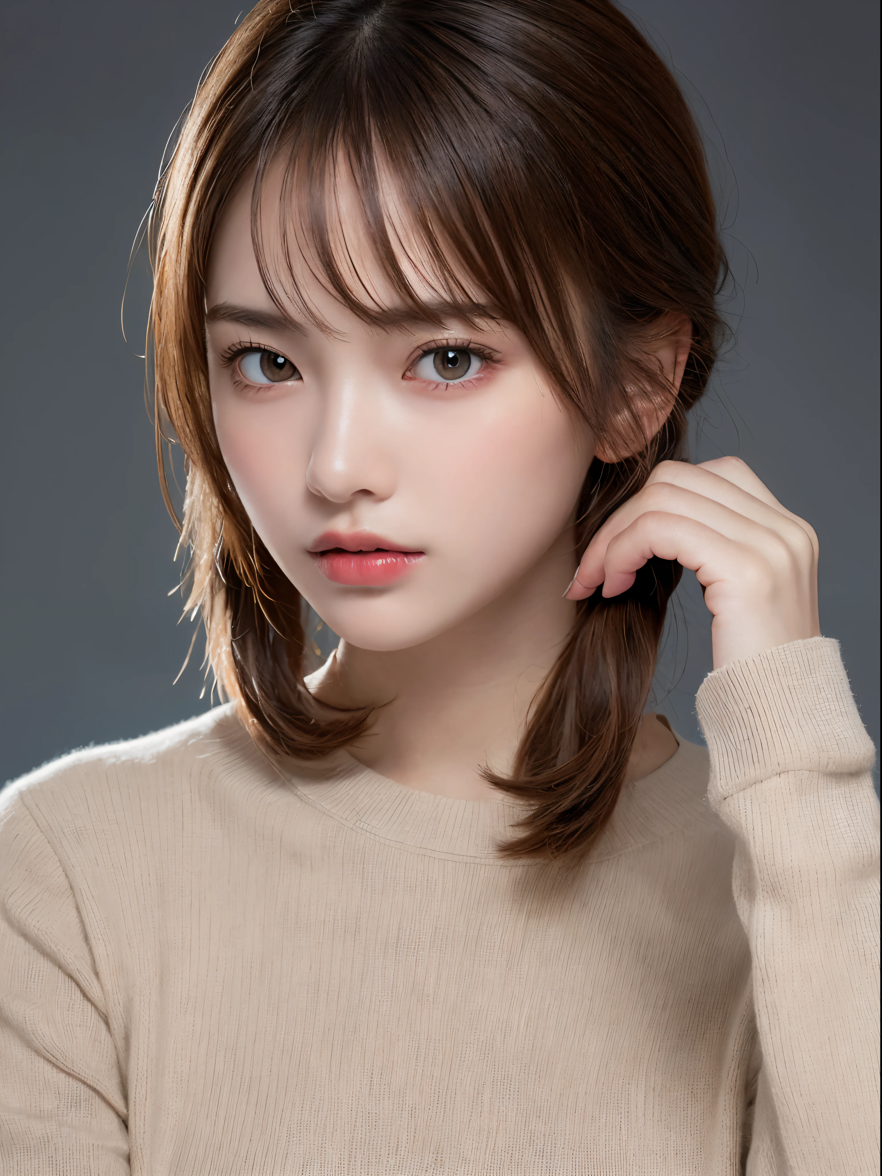 (​masterpiece:1.5)、(8K)、(Photorealsitic:1.5)、Raw photography、(Top image quality:1.4)、(foco nítido:1.5)、 (PurerosFace_v1:0.5)、
top-quality、​masterpiece、超A high resolution、Soft lighting、
23 years old、slender、prety woman:1.4、serious facial expression、

she is wearing a red knitted sweater.、
light brown hair、poneyTail、Glowing hair、
Super Detail Face、A detailed eye、二重まぶた、
Natural Color Lip、Transparent skin、