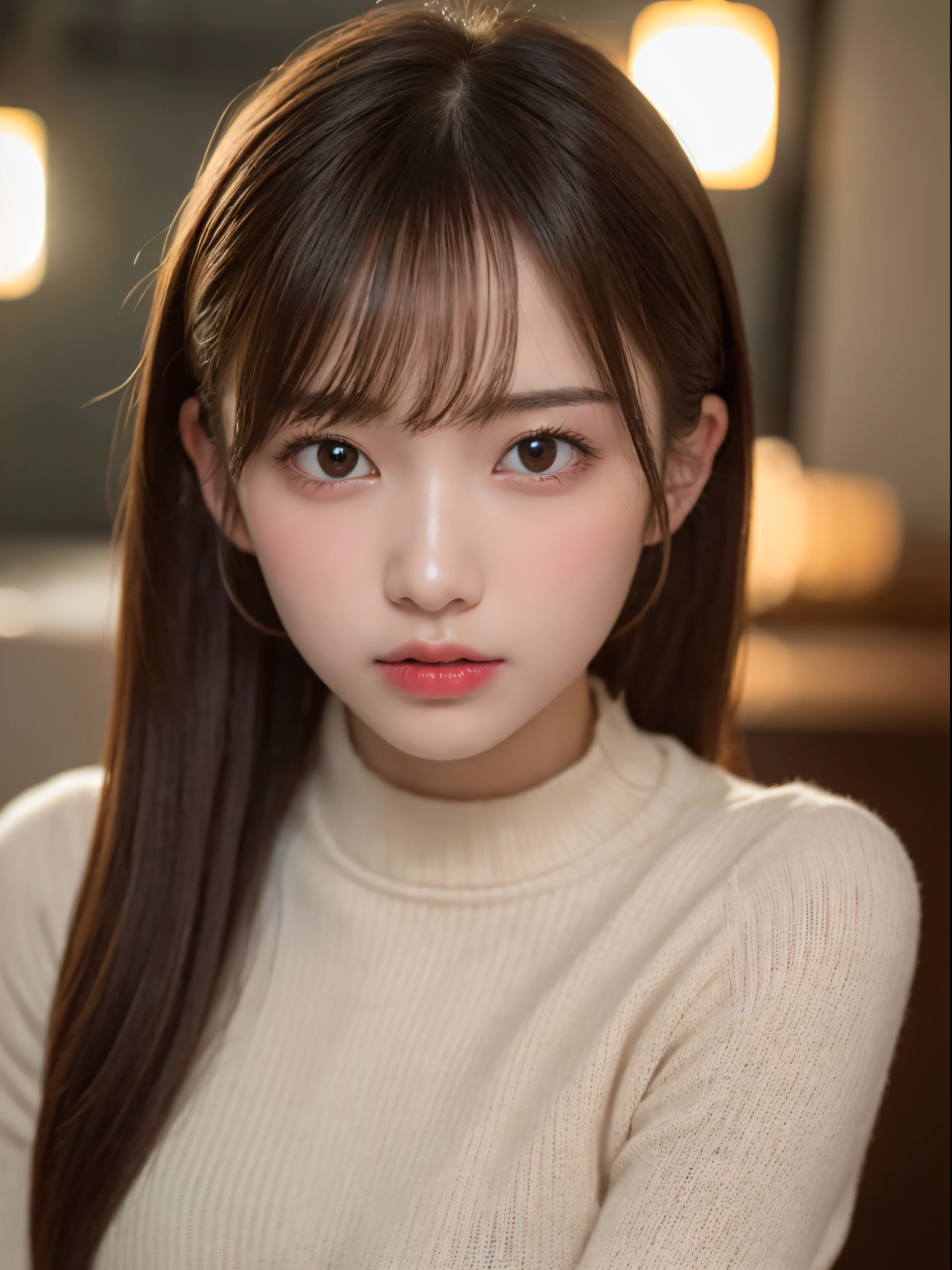 (masterpiece:1.3), (8K, Photorealsitic, Raw photography, Top image quality: 1.4), 20 year old girl、(Random hairstyles:1.2)、Super Detail Face、Eye of Detail、二重まぶた、foco nítido:1.2、prety woman:1.4、light brown hair、poneyTail、Natural Color Lip、top-quality、masterpiece、超A high resolution、(Photorealsitic:1.4)、very detailed and professional lighting、Wear a red sweater、slender、serious facial expression、short-haired、Transparent skin、randome pose、Glowing hair、Gravure Model Pose、