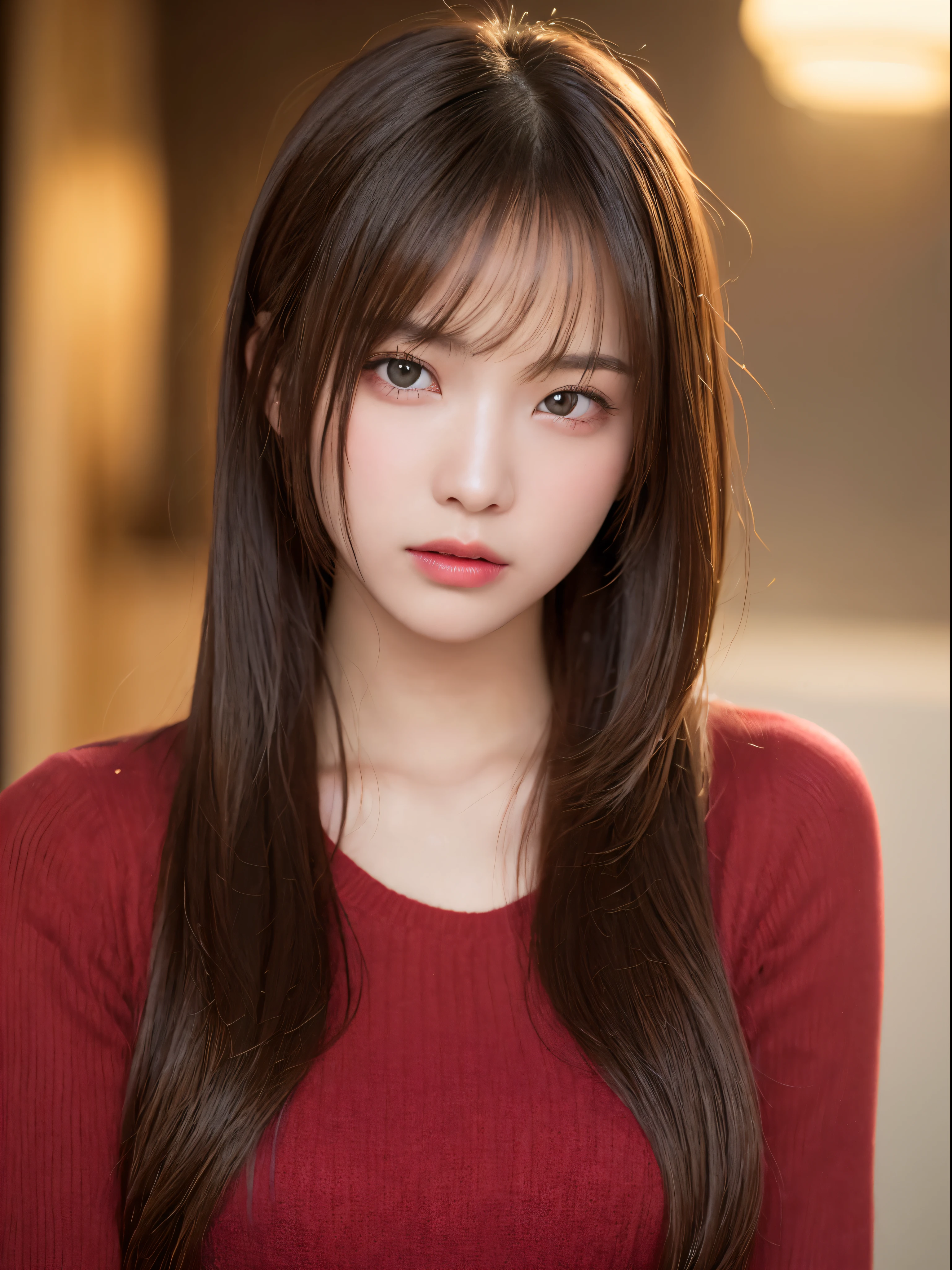(masterpiece:1.3), (8K, Photorealsitic, Raw photography, Top image quality: 1.4), 20 year old girl、(Random hairstyles:1.2)、Super Detail Face、Eye of Detail、二重まぶた、foco nítido:1.2、prety woman:1.4、light brown hair、poneyTail、Natural Color Lip、top-quality、masterpiece、超A high resolution、(Photorealsitic:1.4)、very detailed and professional lighting、Wear a red sweater、slender、serious facial expression、Transparent skin、randome pose、Glowing hair、Gravure Model Pose、