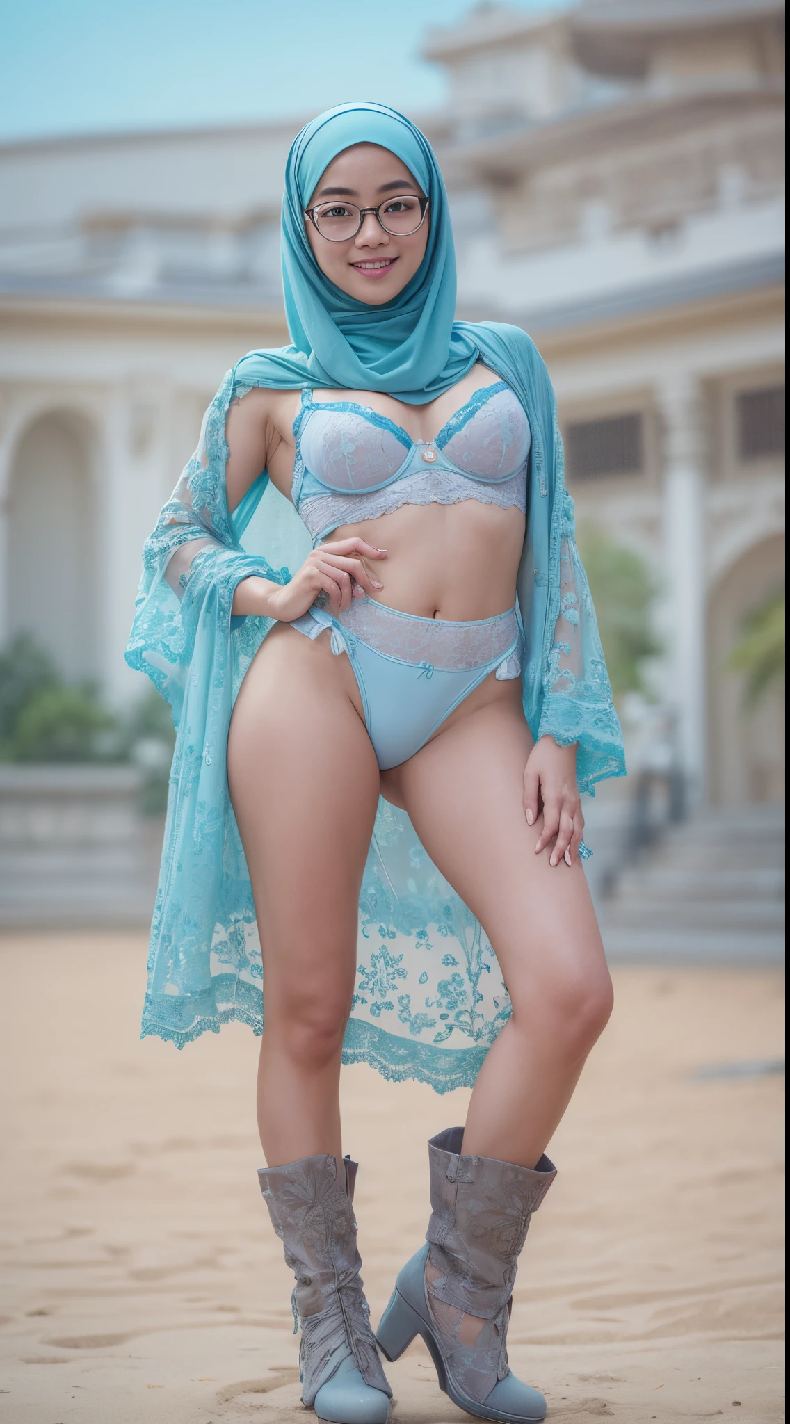 (masterpiece, best quality:1.2), cowboy shot, solo, 1 malay girl in seducing pose, smile, looking at viewer, hand on hip, light blue pastel color hijab, eyewear on head, light blue floral lace bra and panties, style raw, pastel color grading, Super 8mm lense, Deep Focus cinematography effect