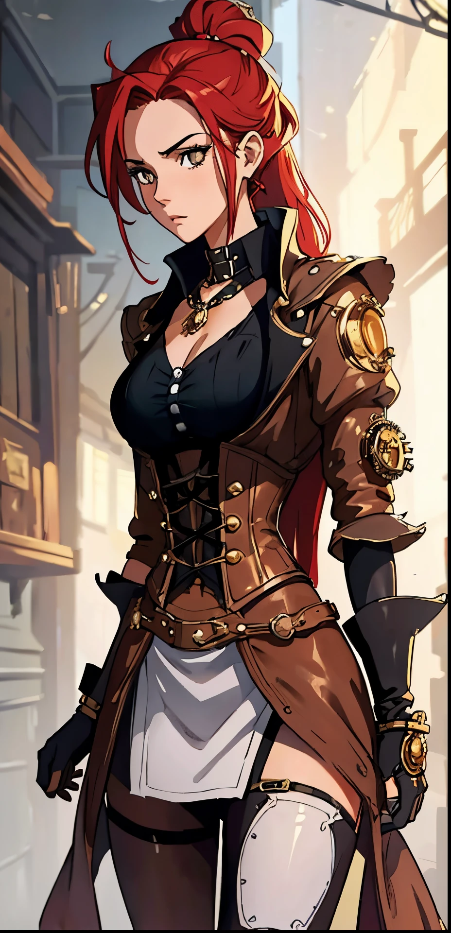 Erza Scarlet is one of the main characters in the series. The young woman with scarlet hair and brown eyes is described as an amazing woman, very strict and who does not admit when others make mistakes. She's a slender, Figura elegante com curvas bem desenhadas. Her most common attire consists of a corset with custom-made laces, a pair of black pants, Botas pretas e brincos em forma de diamante, in high resolution, circunstanciado ((melhor qualidade)) ((Steampunk)) ((olhos bonitos))