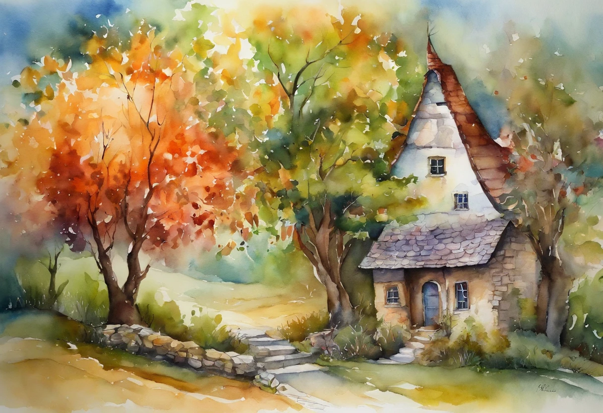 "tree with bright iridescent leaves, Casting its majestic shadow over an enchanting fantasy village."Fantastical、In a dream、PILLOWS、nightcap、