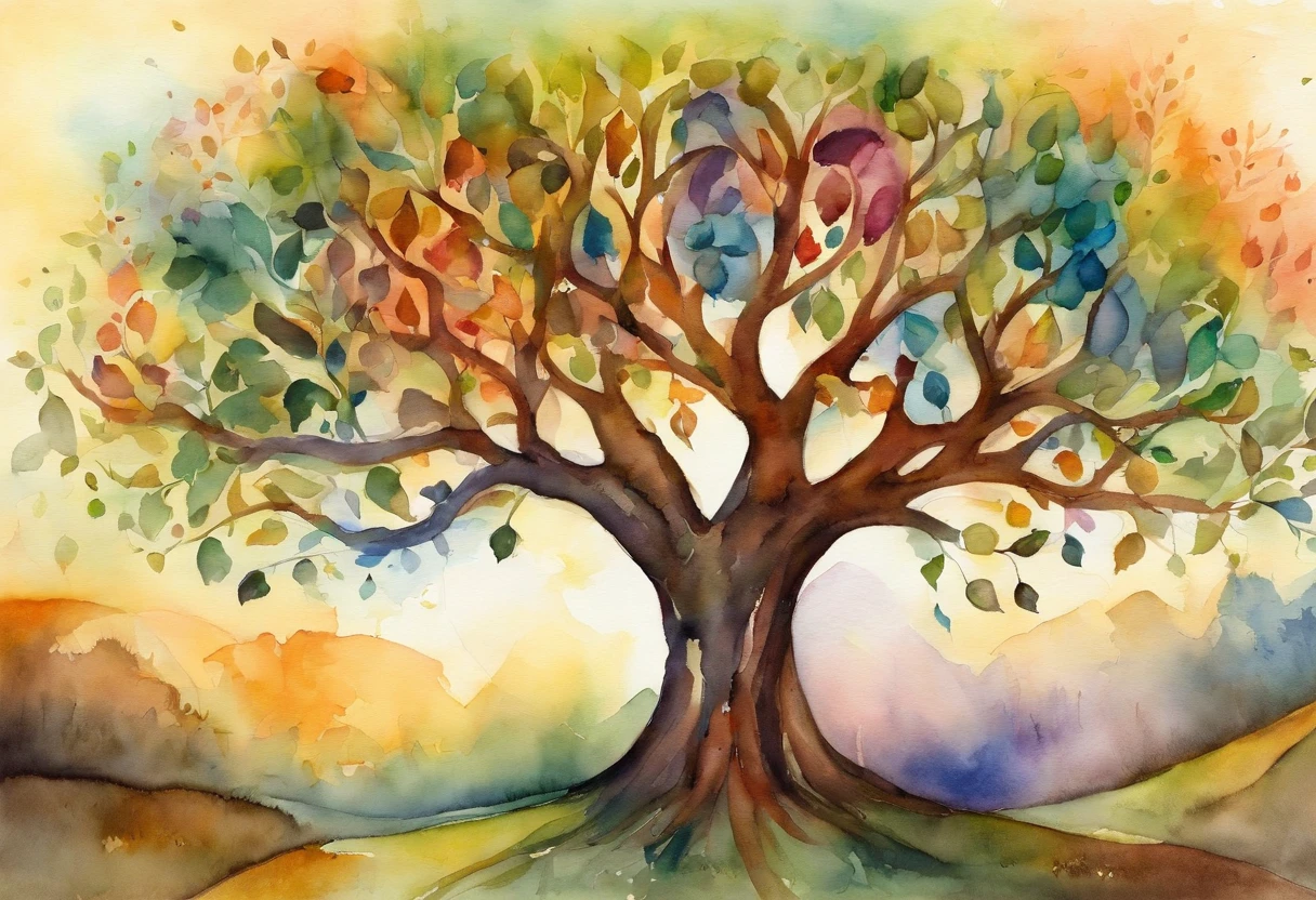 "tree with bright iridescent leaves, Casting its majestic shadow over an enchanting fantasy village."Fantastical、In a dream、PILLOWS、nightcap、