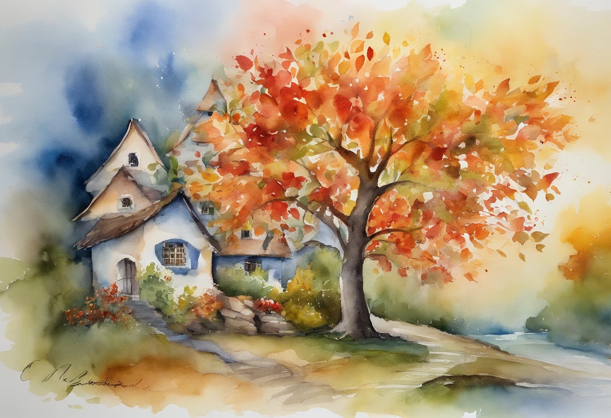 "tree with bright iridescent leaves, Casting its majestic shadow over an enchanting fantasy village."Fantastical、In a dream、PILLOWS、nightcap、