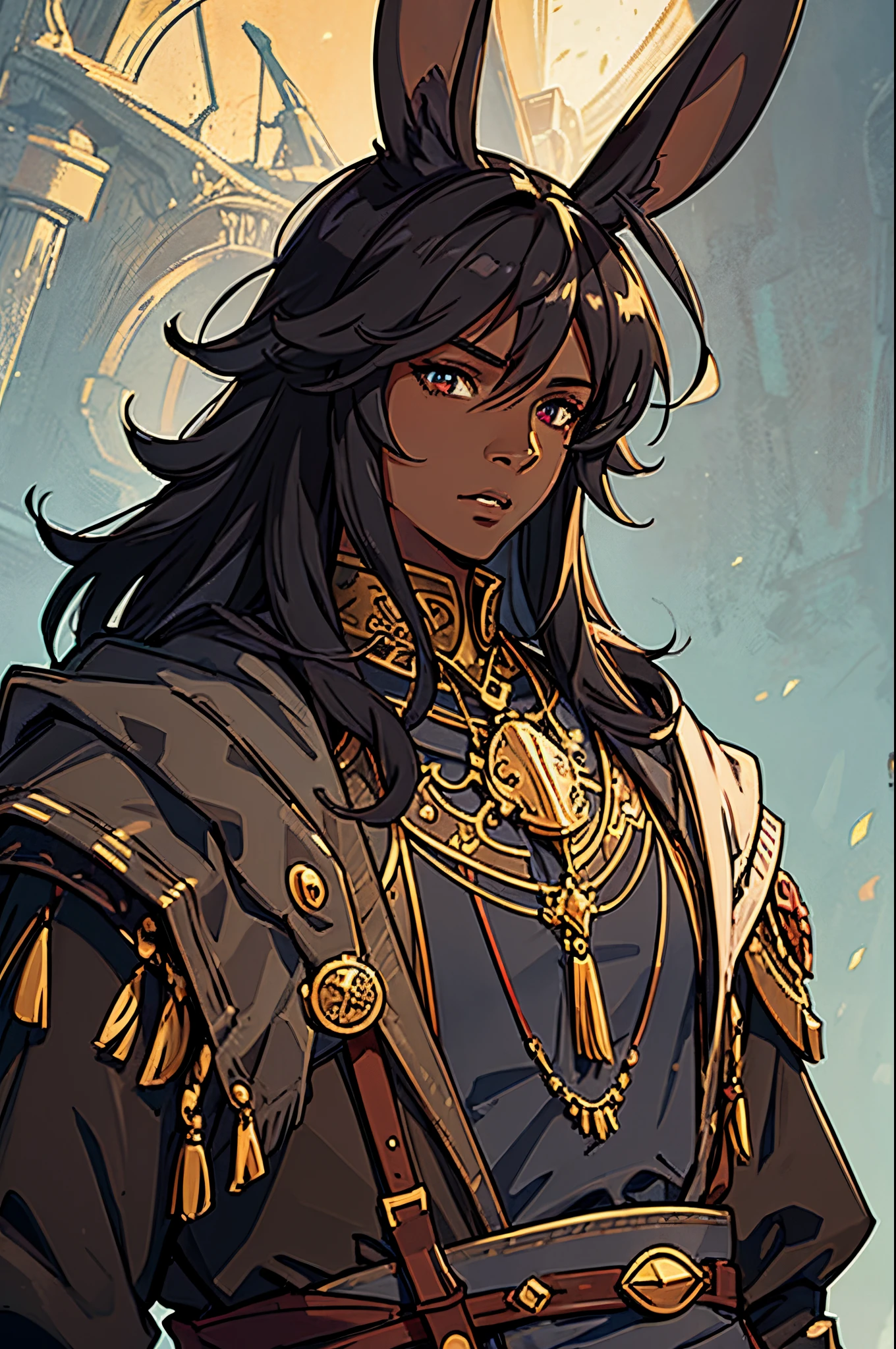 masterpiece,detailed, detailed face, fine detailed eyes, Artificer, Gunner, Rabbit Ears, RPG fantasy game, male, dark skin, dark hair, black fur, male adventurer