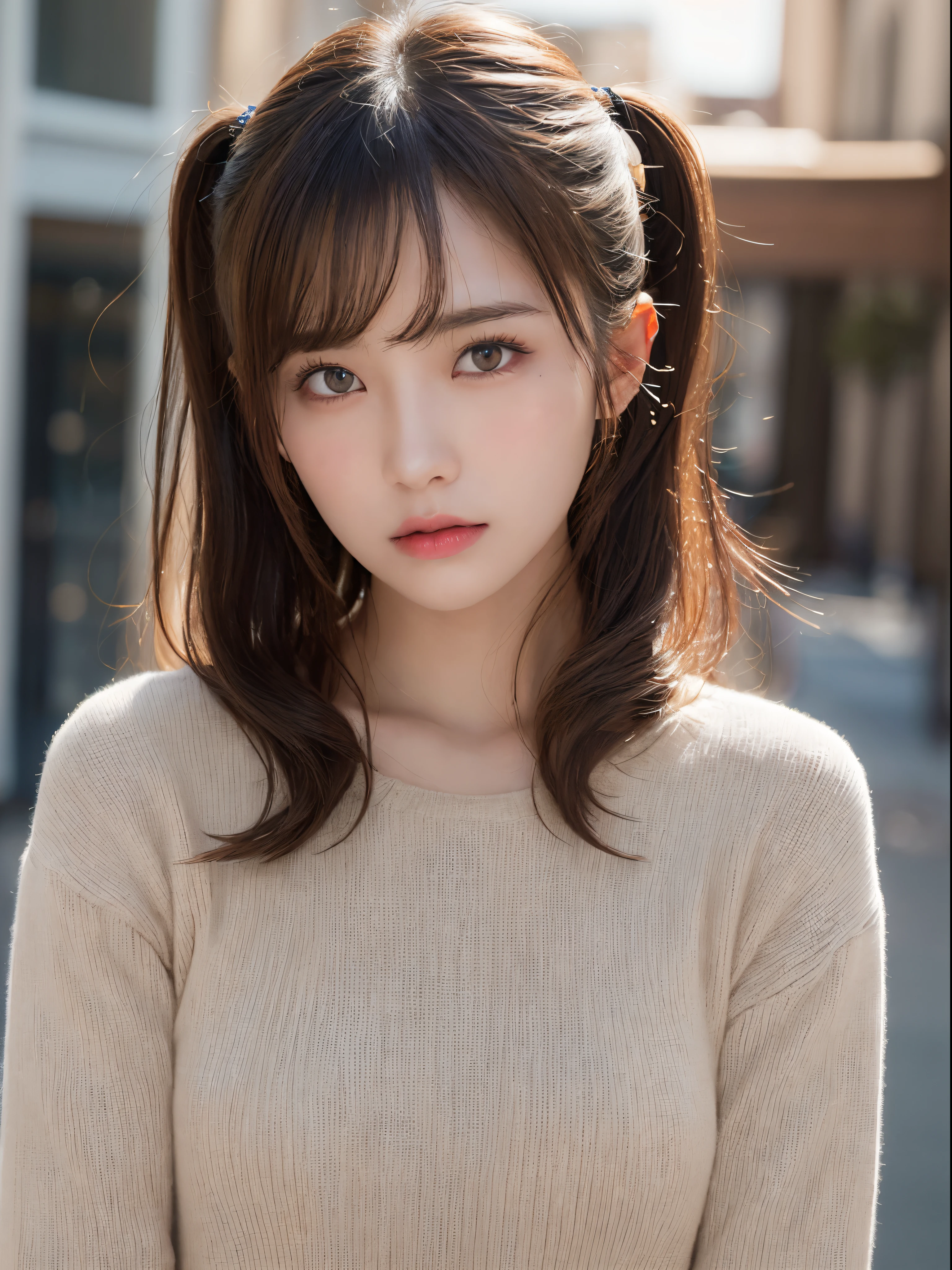 (masterpiece:1.3), (8K, Photorealsitic, Raw photography, Top image quality: 1.4), 20 year old girl、(Random hairstyles:1.2)、Super Detail Face、Eye of Detail、二重まぶた、foco nítido:1.2、prety woman:1.4、light brown hair、poneyTail、Natural Color Lip、top-quality、masterpiece、超A high resolution、(Photorealsitic:1.4)、very detailed and professional lighting、Wear a red sweater、slender、serious facial expression、Transparent skin、randome pose、Glowing hair、Gravure Model Pose、