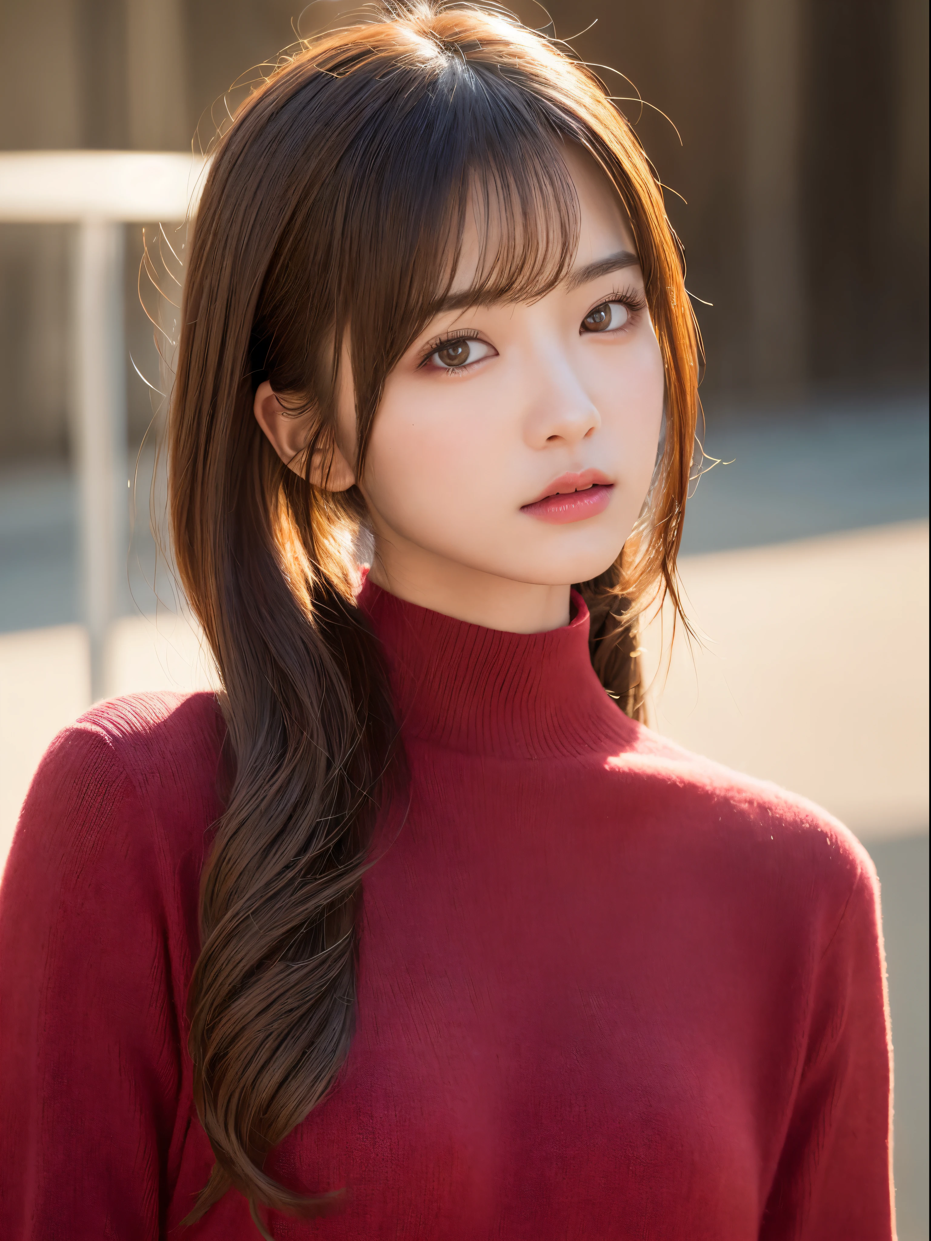 (masterpiece:1.3), (8K, Photorealsitic, Raw photography, Top image quality: 1.4), 20 year old girl、(Random hairstyles:1.2)、Super Detail Face、Eye of Detail、二重まぶた、foco nítido:1.2、prety woman:1.4、light brown hair、poneyTail、Natural Color Lip、top-quality、masterpiece、超A high resolution、(Photorealsitic:1.4)、very detailed and professional lighting、Wear a red sweater、slender、serious facial expression、Transparent skin、randome pose、Glowing hair、Gravure Model Pose、