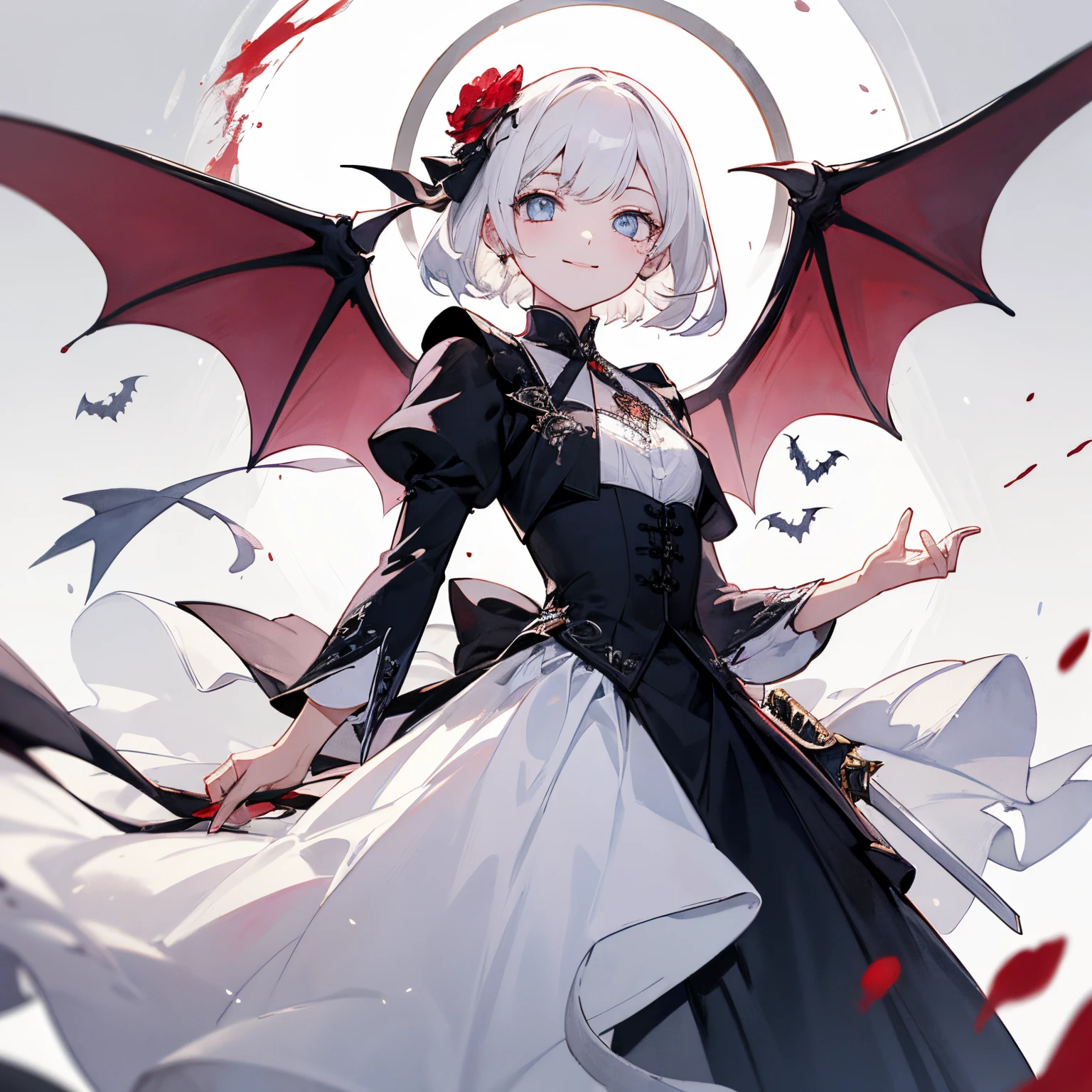 Transparent watercolor,girl with,Jewel Eyes,Beautiful arrangements and motifs、A slight smil、Originality、GAMECHARACTER DESIGN、kirakira、ornamented、ren, Vampires、black bat wings are growing、white hair、sword holding、sword made of blood、Gentle smile, Background night、 Detailed picture , depth of fields , Fantastic, Beauty、Transparency、Lustrous hair、GAMECHARACTER DESIGN、(one girls:1.0)、nigh sky、vampire girl、dress with flower embroidery