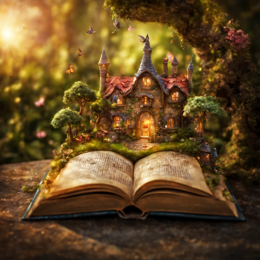 Photo of the magical world in an open book, a small fairyland with fairies coming out of an open book, an open book lies on the table, inside an open book there is a fairyland with fairies with their own details, High depth of field, Hi-Def, Extremely realistic, Extremely detailed, cinematic treatment, HDR, Photorealistic, tmasterpiece