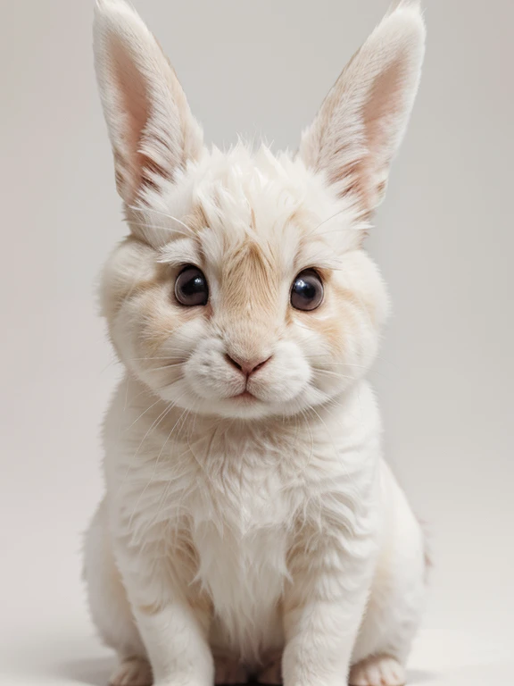 1bunny, white fur, ginger spots, plain background, looking at viewer, high res, fluffy, ultra sharp, 4K, front view, big eyes