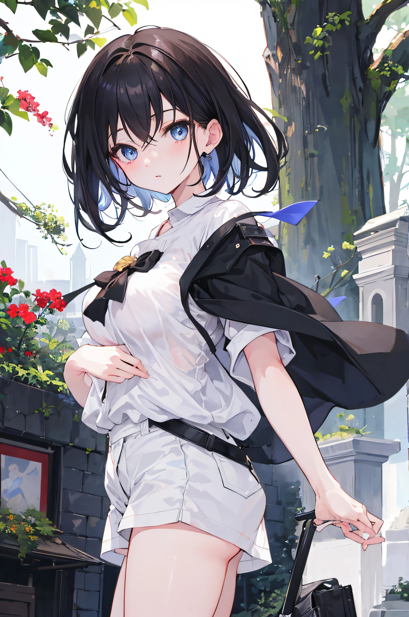1个Giant Breast Girl, medium length dark hair, eBlue eyes, Wear a plain white shirt, Black shorts, trpical garden, A high resolution, Super sharp, 8K, tmasterpiece, looking at viewert