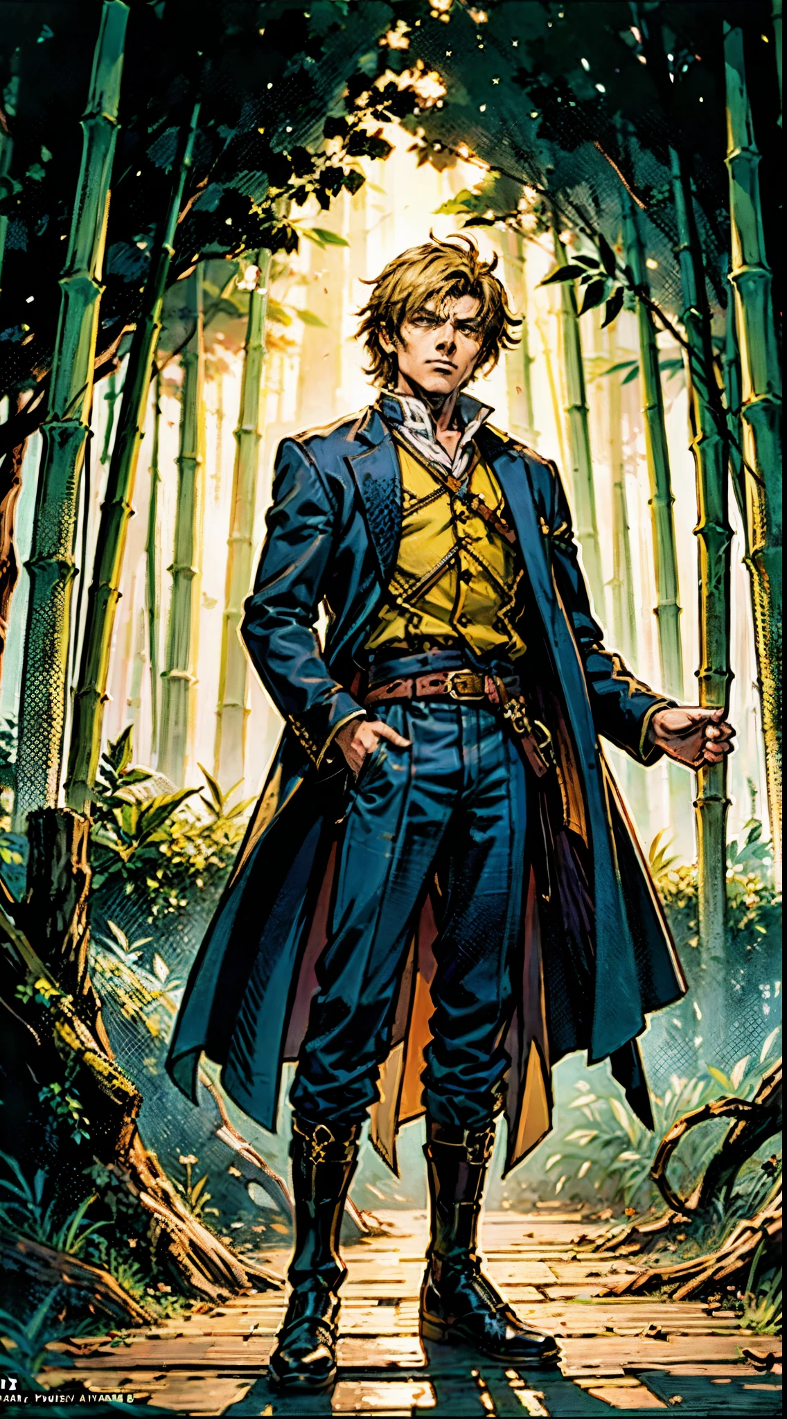 A man, short golden hair styled in an upward fashion, a tuft of hair bangs, a melancholic expression, sharp gaze, a playful smile, a two-piece fantasy-style Chinese outfit, a complexly layered white undershirt, a loose-knit outer coat, a yellow silk belt, coarse cloth trousers, the backdrop showcases a wooden house set in a bamboo forest, creating a refreshing and dreamy atmosphere, this character embodies a finely crafted fantasy-style wise in anime style, characterized by an exquisite and mature manga illustration art style, high definition, best quality, highres, ultra-detailed, ultra-fine painting, extremely delicate, professional, anatomically correct, symmetrical face, extremely detailed eyes and face, high quality eyes, creativity, RAW photo, UHD, 8k, Natural light, cinematic lighting, masterpiece-anatomy-perfect, masterpiece:1.5