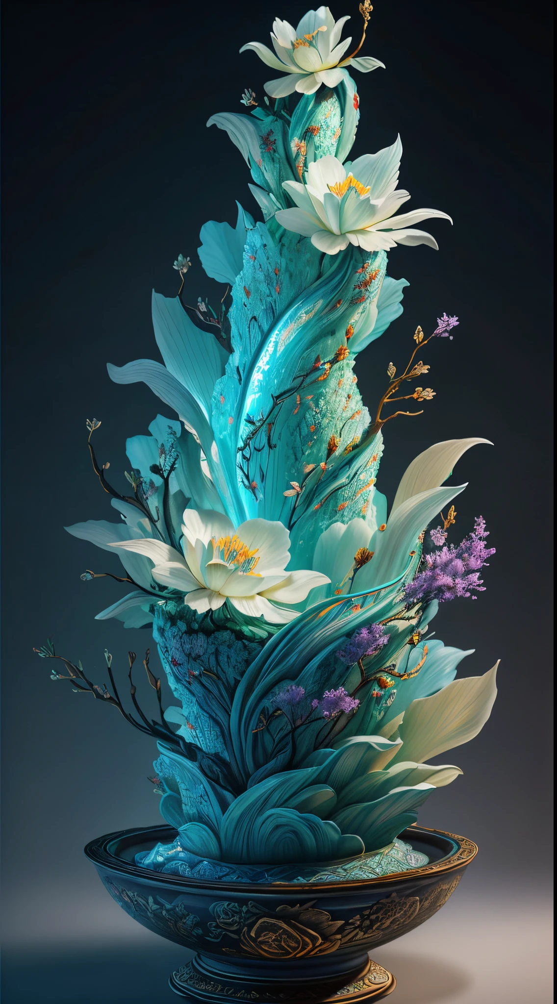 best quality, realistic, photorealistic, ultra detailed, "Mountain of Flower and Fruit+Fairy+Chinese Architecture" highly detailed carving on "southern ice" porcelain,Ultra wide angle,Accent Lighting,Volumetric Lighting,backlighting, (detailed light),((an extremely delicate and beautiful)),dramatic_shadow,ray_tracing,hdr