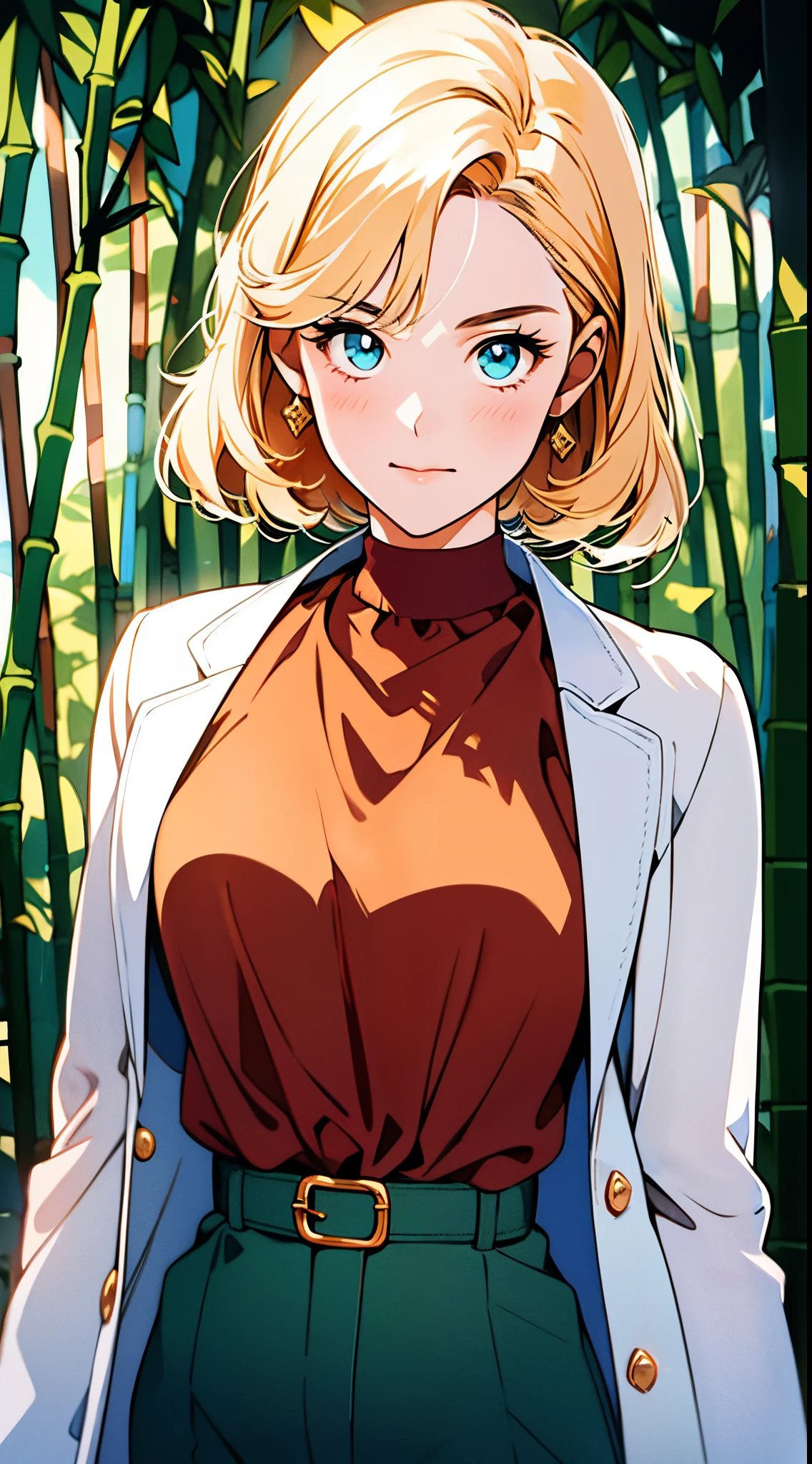 A girl, short golden hair styled in an upward fashion, a tuft of hair bangs, a melancholic expression, sharp gaze, a playful smile, a two-piece fantasy-style Chinese outfit, a complexly layered white undershirt, a loose-knit outer coat, a yellow silk belt, coarse cloth trousers, the backdrop showcases a wooden house set in a bamboo forest, creating a refreshing and dreamy atmosphere, this character embodies a finely crafted fantasy-style wise in anime style, characterized by an exquisite and mature manga illustration art style, high definition, best quality, highres, ultra-detailed, ultra-fine painting, extremely delicate, professional, anatomically correct, symmetrical face, extremely detailed eyes and face, high quality eyes, creativity, RAW photo, UHD, 8k, Natural light, cinematic lighting, masterpiece-anatomy-perfect, masterpiece:1.5