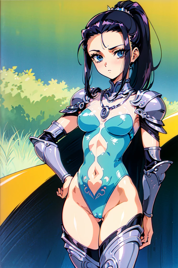 "(masterpiece:1.1), best quality, NSFW,
1girl, (80s anime style:1.3), (eyelashes:1.5), (:1.2),
(intricate high detailed body:1.2),
black hair, (forehead, hair slicked back:1.2), (ponytail:1.1), (tiara:1.2),
blue eyes,
(slim body:1.1), (medium breasts:1.1),
(expressionless:1.2),
(see-through leotard armor, navel cutout, tattoo:1.2),
(knight armor, armored boots:1.2), (jewelry:1.1), necklace,
standing, hand on hip,
(upper body, cowboy shot, looking at viewer, from front:1.1),
(daytime, grassland, outdoors:1.2)"