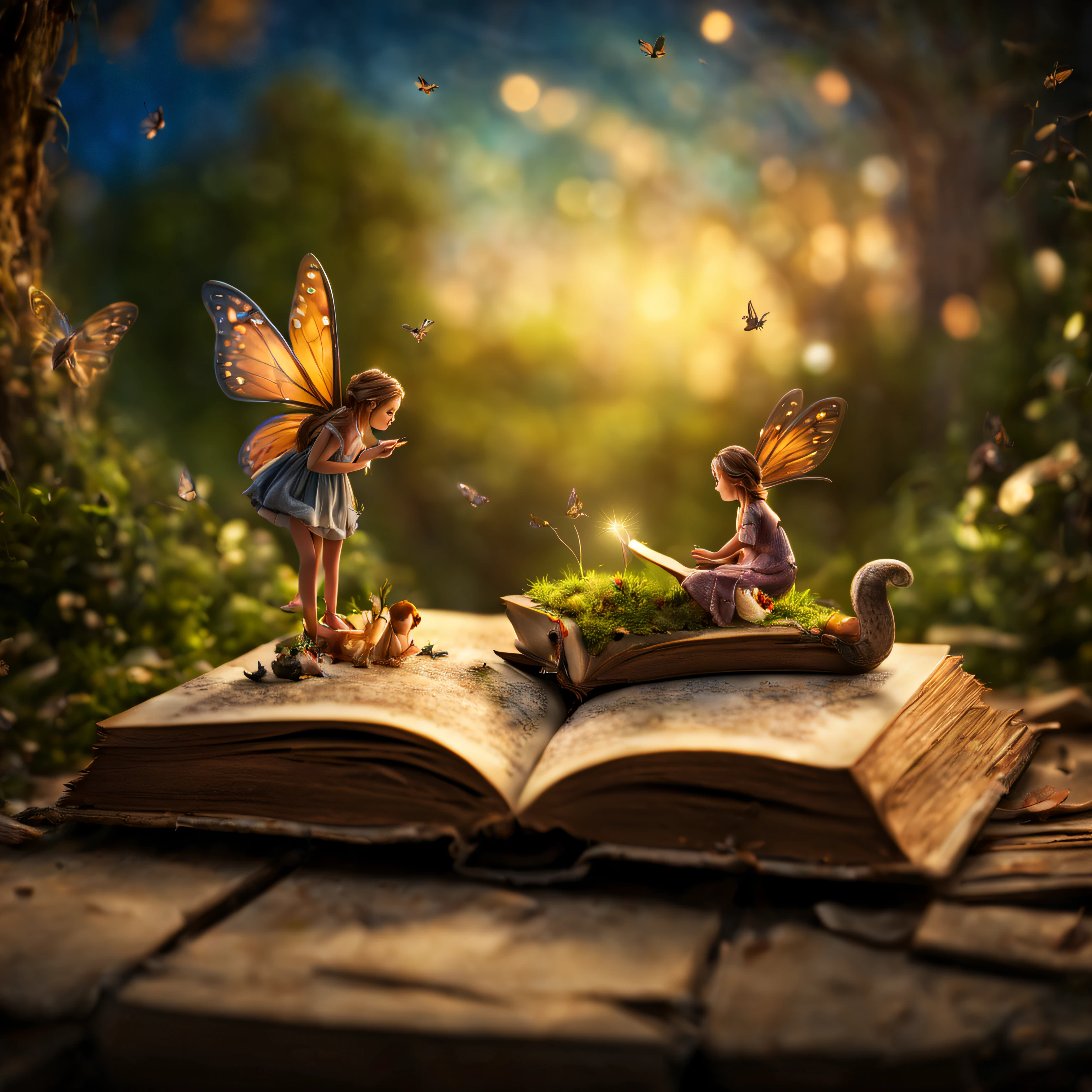 Photo of the magical world in an open book, a small fairyland with fairies coming out of an open book, an open book lies on the table, inside an open book there is a fairyland with fairies with their own details, High depth of field, Hi-Def, Extremely realistic, Extremely detailed, cinematic treatment, HDR, Photorealistic, tmasterpiece