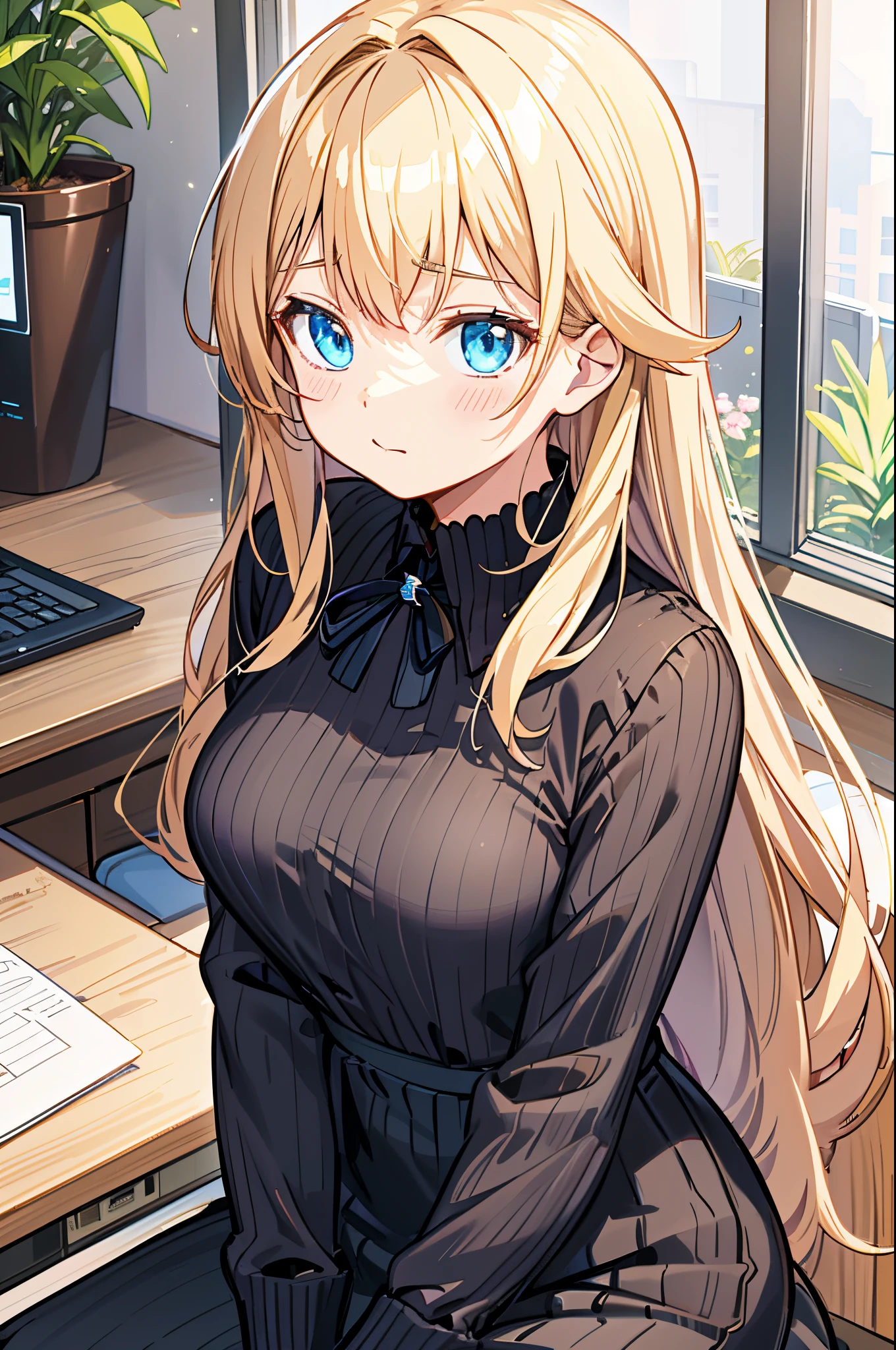 Anime girl sitting at a desk with a laptop and a plant, (SFW) safe for work, small curvy , thick neck, digital anime illustration, blonde anime girl with long hair, Ecchi anime style, lolidress, anime moe art style, Seductive Anime Girl, sat at her desk, Smooth Anime CG Art, Chic, charming anime girls
