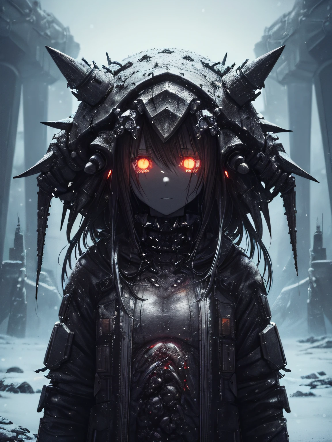 ((gloomy biopunk horror)), (biopunk anime girl), (dark grey skin), glowing eyes, long brown hair, short clothing, steel trinkets, dark cold lighting, abandoned biopunk snow wasteland, abandoned arctic landscape, highly detailed landscape, (scorn videogame style), horror atmosphere, presence of something terrible, highly detailed biopunk background, background by Hans Giger, perfect anatomy, masterpiece