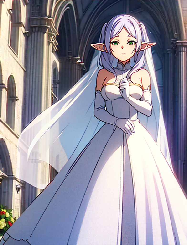 Frieren, super long white hair, green eyes, elf ears, wearing white wedding dress, wedding veil, holding blue flower bouquet , soft smile, medium breast, standing