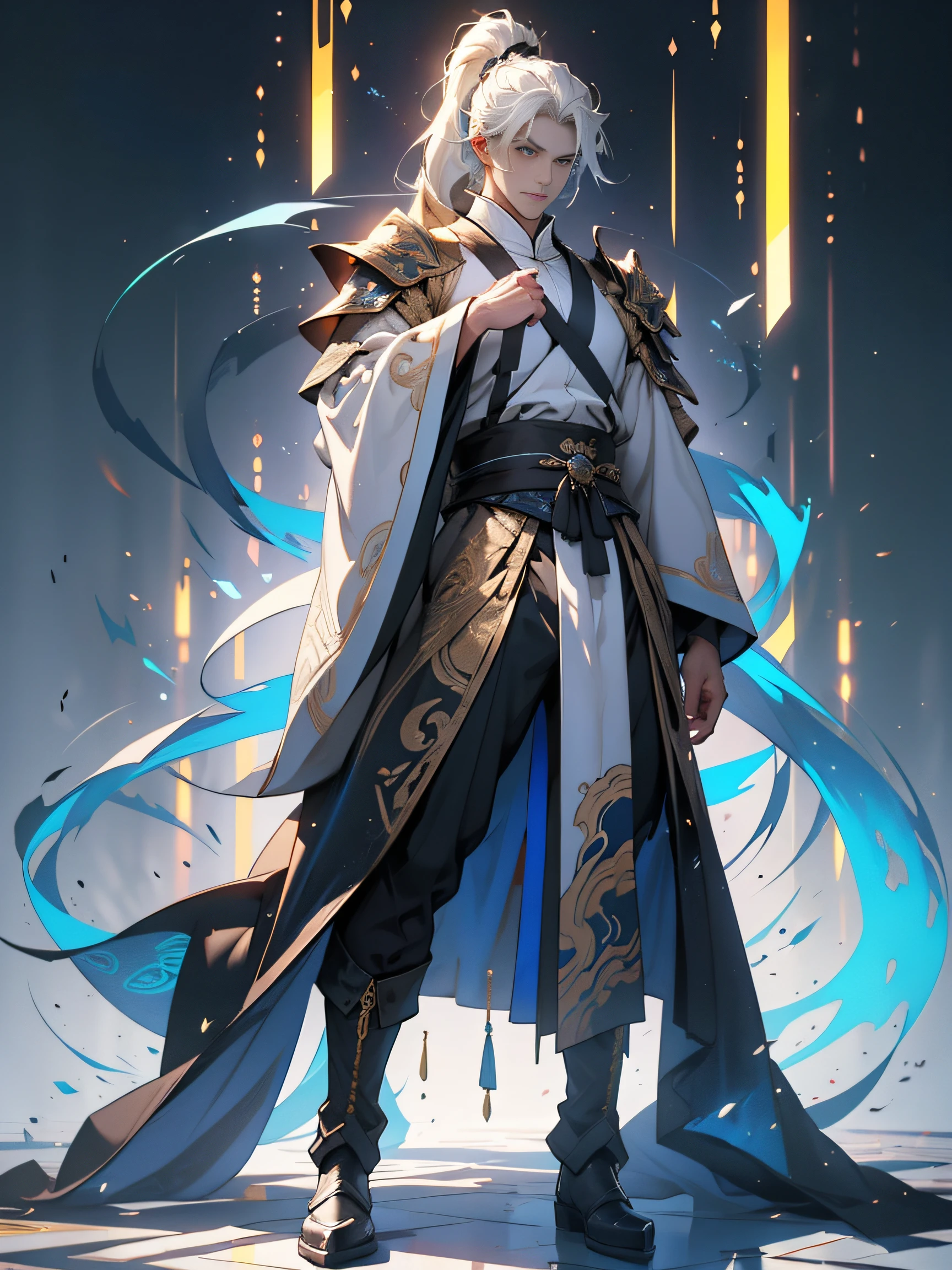 A Chinese man，standing full-body，black hair on shoulders，（Whole-body proportions），（juvenile sense）style of anime，（Male Taoist），（Whole-body proportions）The proportions are correct，Face details，（glowing light eyes），malancholic look，High ponytail hairstyle，Neck details，Gold pattern，Detailed pubic hair，long white robe，White and red robes，clothes details，surrender，longer sleeves，Game quality，sword fight，Light and shadow tracking，Ray traching，Detailed luminescence，cg render，hair detail，（cabelos preto e longos），blue colored eyes，Handsome，Handsome，（Middle age），Clothing is complicated，Perfectcomposition，Refinement，high high quality，More detailed，A lot of detail，The background is complex，a sense of atmosphere，solid black background，high high quality
