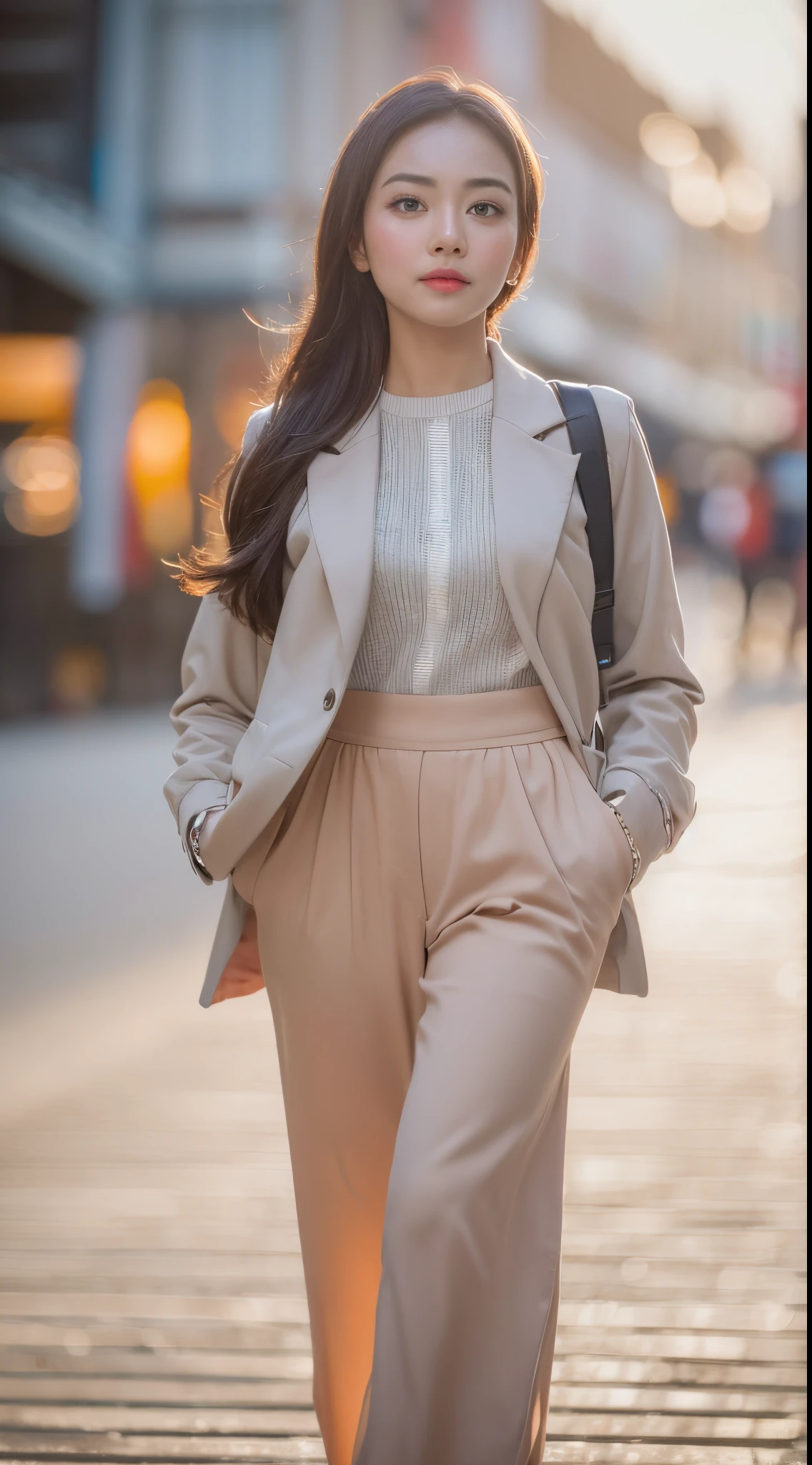 Malay girl in hijab and wear Half Button Rib Knit Tee with pastel color jacket and High Waist Plicated Detail Suit Pants, walking in city street, catwalk, confident walk, windy, elegance, front view, detail skin, detail skin texture, beautiful malay face, pastel color outfit, small breast, wide hip, wide waist, thick thighs, slim abs, beautiful body, evening, sunset, sun light enhance dramatic mood, arrogant smile, professional cinematic lighting, blur background, bokeh, realistic, ultra detail, high quality,