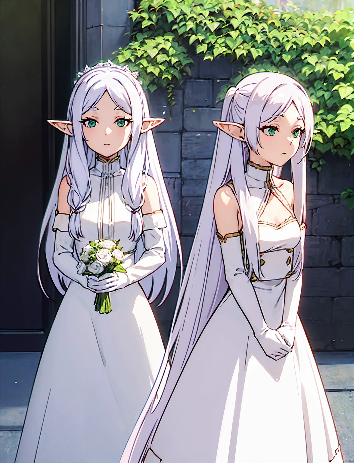 Frieren, super long white hair, green eyes, elf ears, wearing white wedding dress, wedding veil, holding blue flower bouquet , soft smile, medium breast, standing