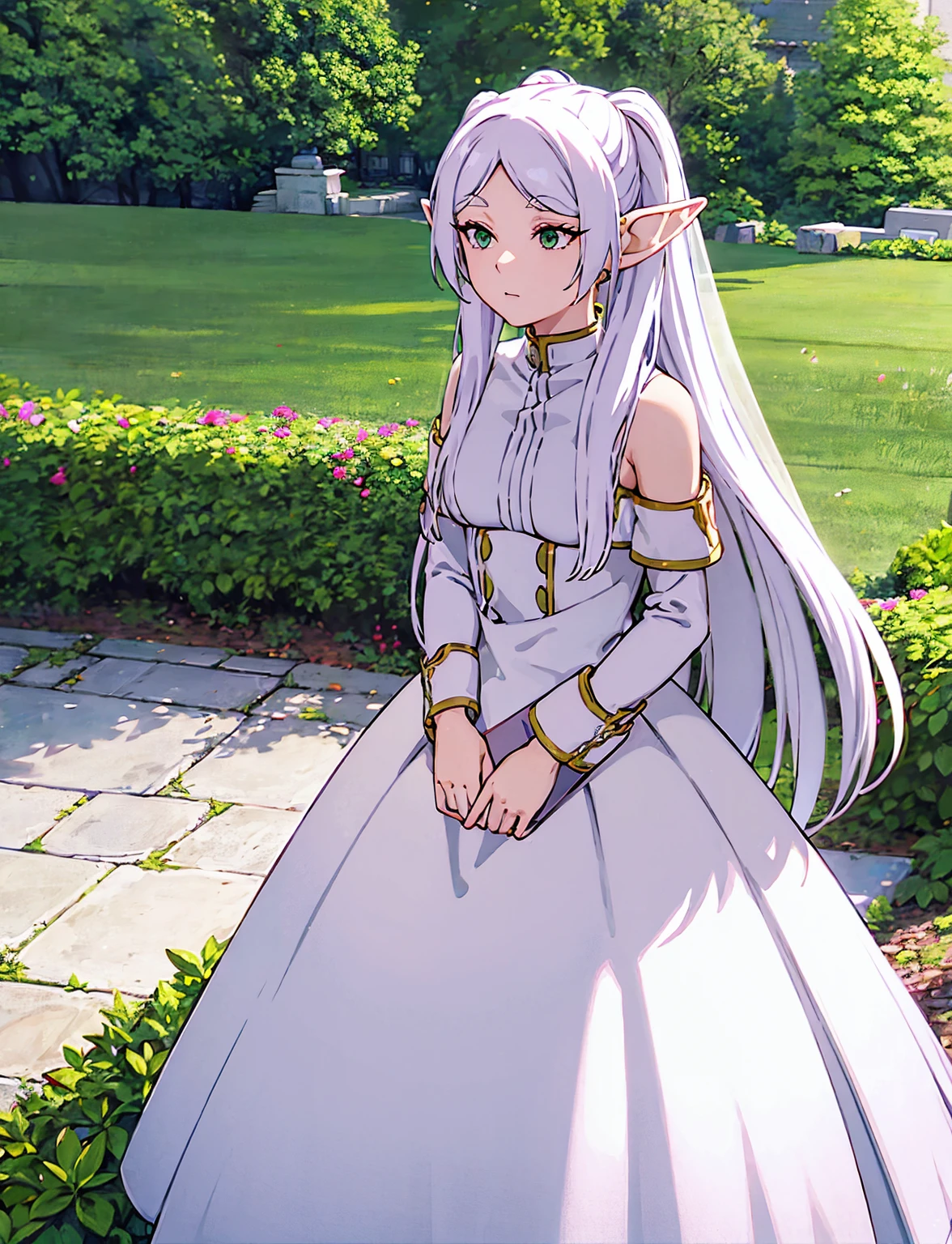 Frieren, super long white hair, green eyes, elf ears, wearing white wedding dress, wedding veil, holding blue flower bouquet , soft smile, medium breast, standing