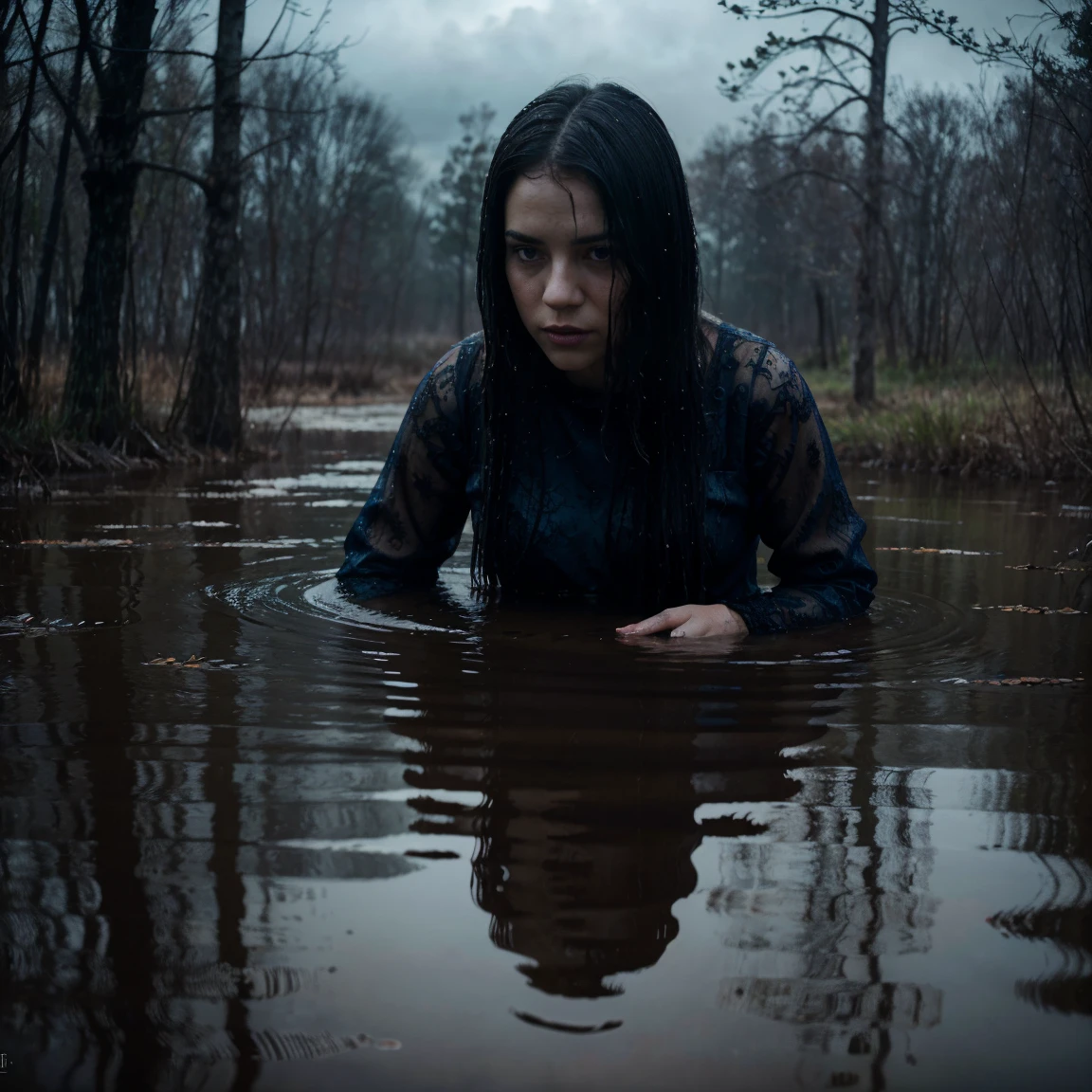 Best Quality, Ultra-detailed, Realistic:1.37, HDR, visual art, up close, portrai, swamp, sinking, Distressed Woman, cloudy water, blurred background, Dark and moody lighting,dry humping session:1.6 Strong Emotions, lace stockings, long sleeve royal blue dress, desperate, wet clothing, Dirty hands and face, creepy ambiance, Cinematic, Dramatic colors, haunting, atmospheric, mysterious, Gloomy, Obsessively beautiful, Textured Brush, Expressive brush strokes, Reflections in water.
