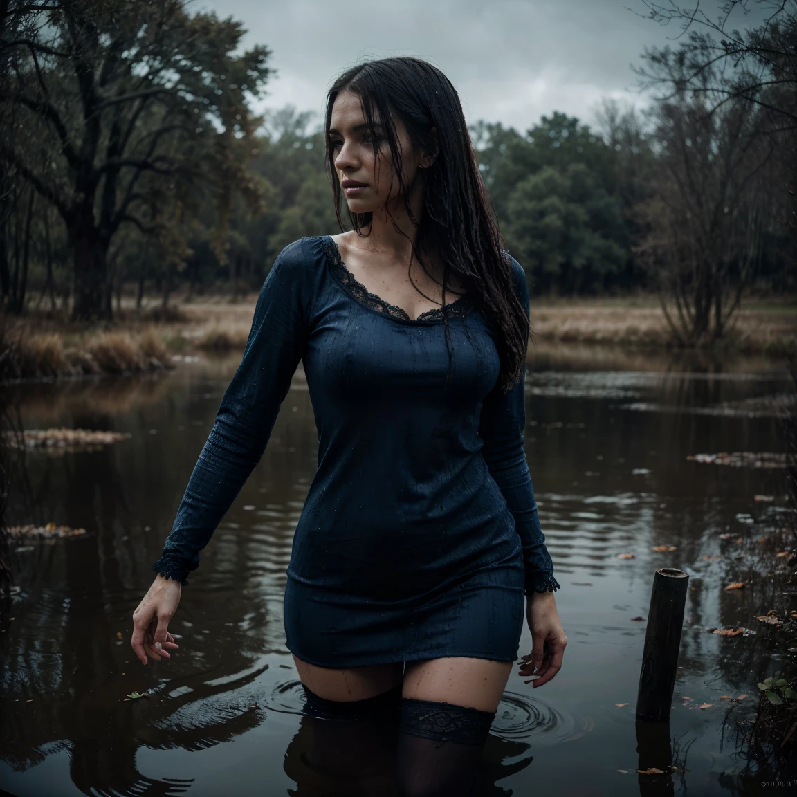 Best Quality, Ultra-detailed, Realistic:1.37, HDR, visual art, up close, portrai, swamp, sinking, Distressed Woman, cloudy water, blurred background, Dark and moody lighting,dry humping session:1.6 Strong Emotions, lace stockings, long sleeve royal blue dress, desperate, wet clothing, Dirty hands and face, creepy ambiance, Cinematic, Dramatic colors, haunting, atmospheric, mysterious, Gloomy, Obsessively beautiful, Textured Brush, Expressive brush strokes, Reflections in water.
