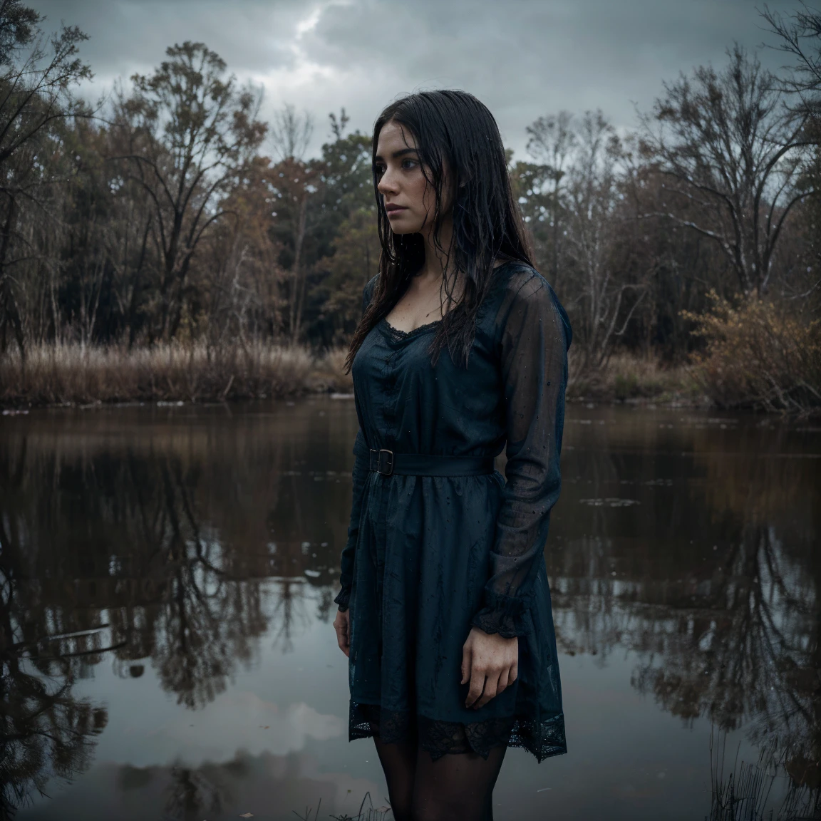 Best Quality, Ultra-detailed, Realistic:1.37, HDR, visual art, up close, portrai, swamp, sinking, Distressed Woman, cloudy water, blurred background, Dark and moody lighting,dry humping session:1.6 Strong Emotions, lace stockings, long sleeve royal blue dress, desperate, wet clothing, Dirty hands and face, creepy ambiance, Cinematic, Dramatic colors, haunting, atmospheric, mysterious, Gloomy, Obsessively beautiful, Textured Brush, Expressive brush strokes, Reflections in water.