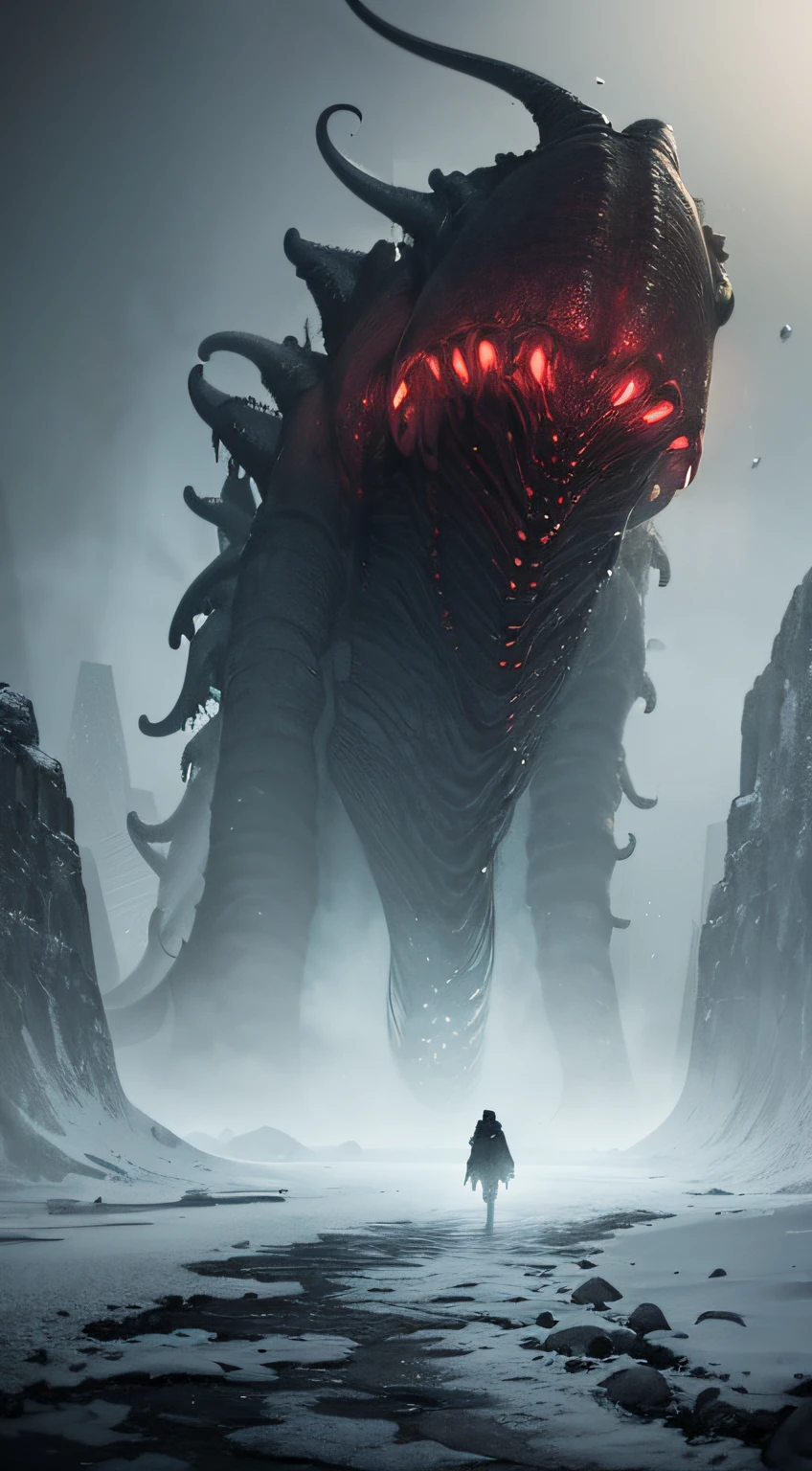 dark landscape, author：Howard Lovecraft, Ice and Rock, Tentacles, Alien Creatures, epic, Cthulhu style