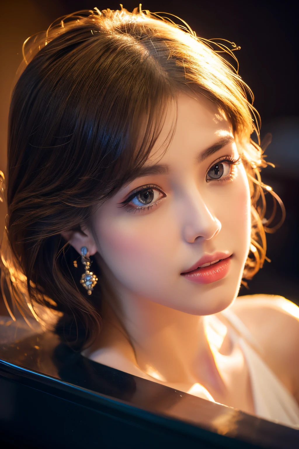 (best quality,4k,highres),(realistic,photorealistic:1.37),beautiful girl,detailed eyes and face,long eyelashes,closeup of beautiful lips,stage,piano,spotlight,grandeur,sophisticated lighting,vibrant colors,musical atmosphere,dramatic pose,gentle expression,flowing dress,elegant,graceful movements,artistic backdrop,dynamic composition,emotional depth,exquisite details,masterpiece-worthy,professional portrait,artistic flair