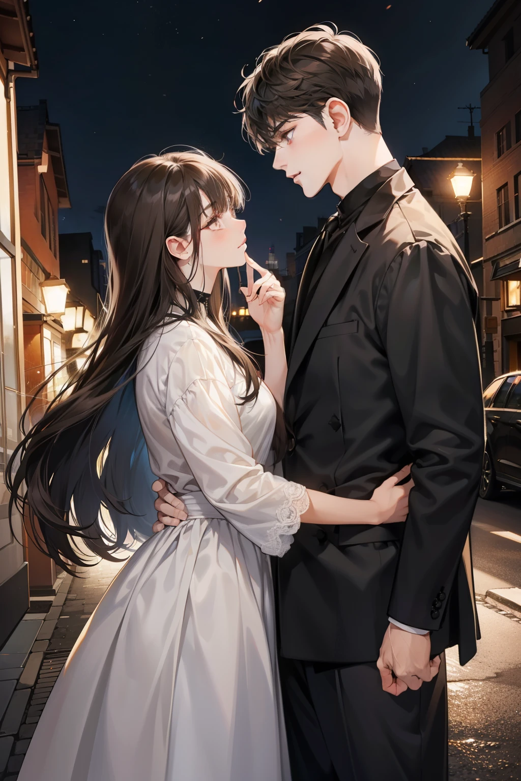 a couple, 1 girl 1 boy, Hair color is different, long black hair with bangs and gray eyes, medium brown hair and amber eyes, grow a slight beard, Romance, Face to face, plein air, in night, Luminous effect